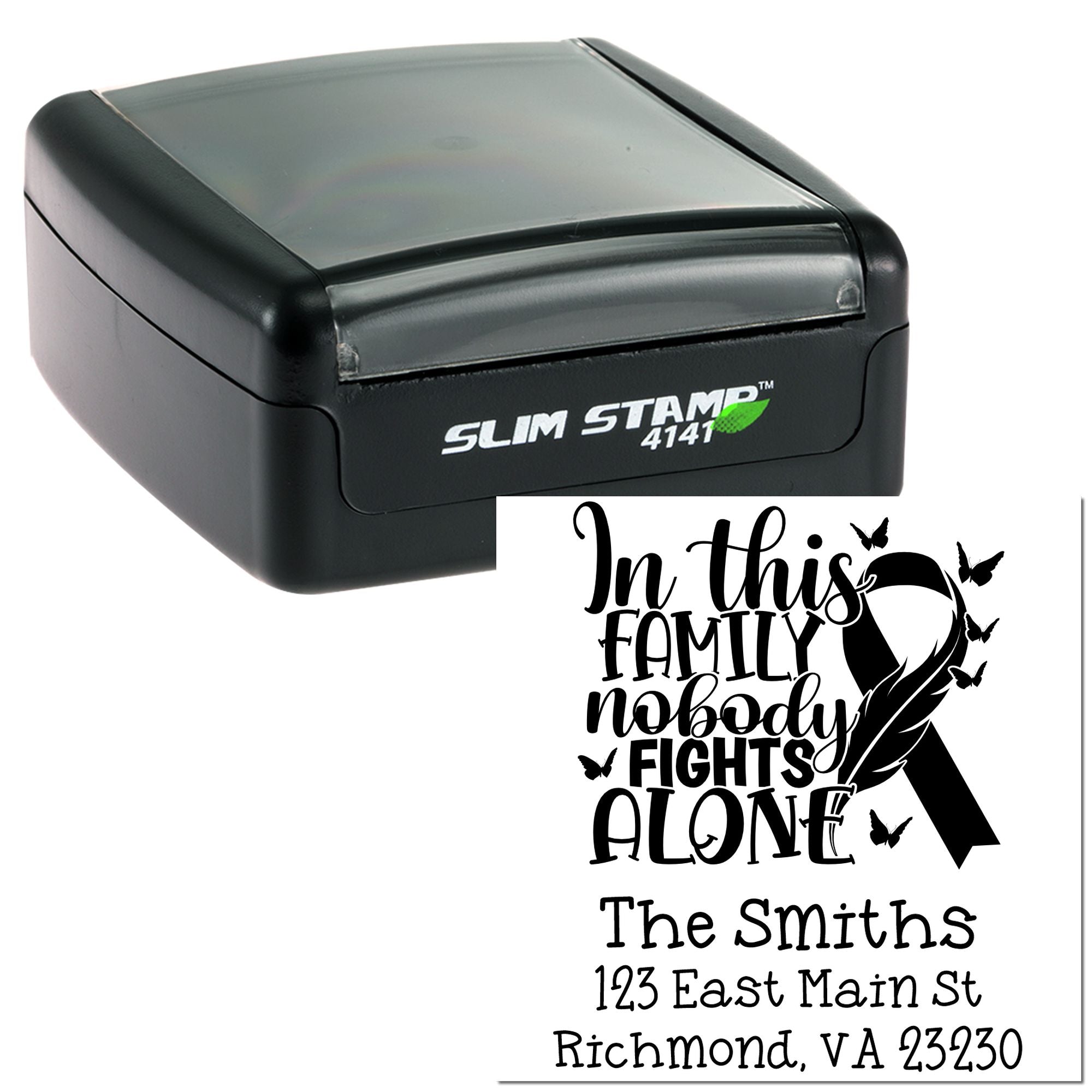 Custom self-inking rubber stamp with family ribbon design, personalized quote, name, and address imprint.