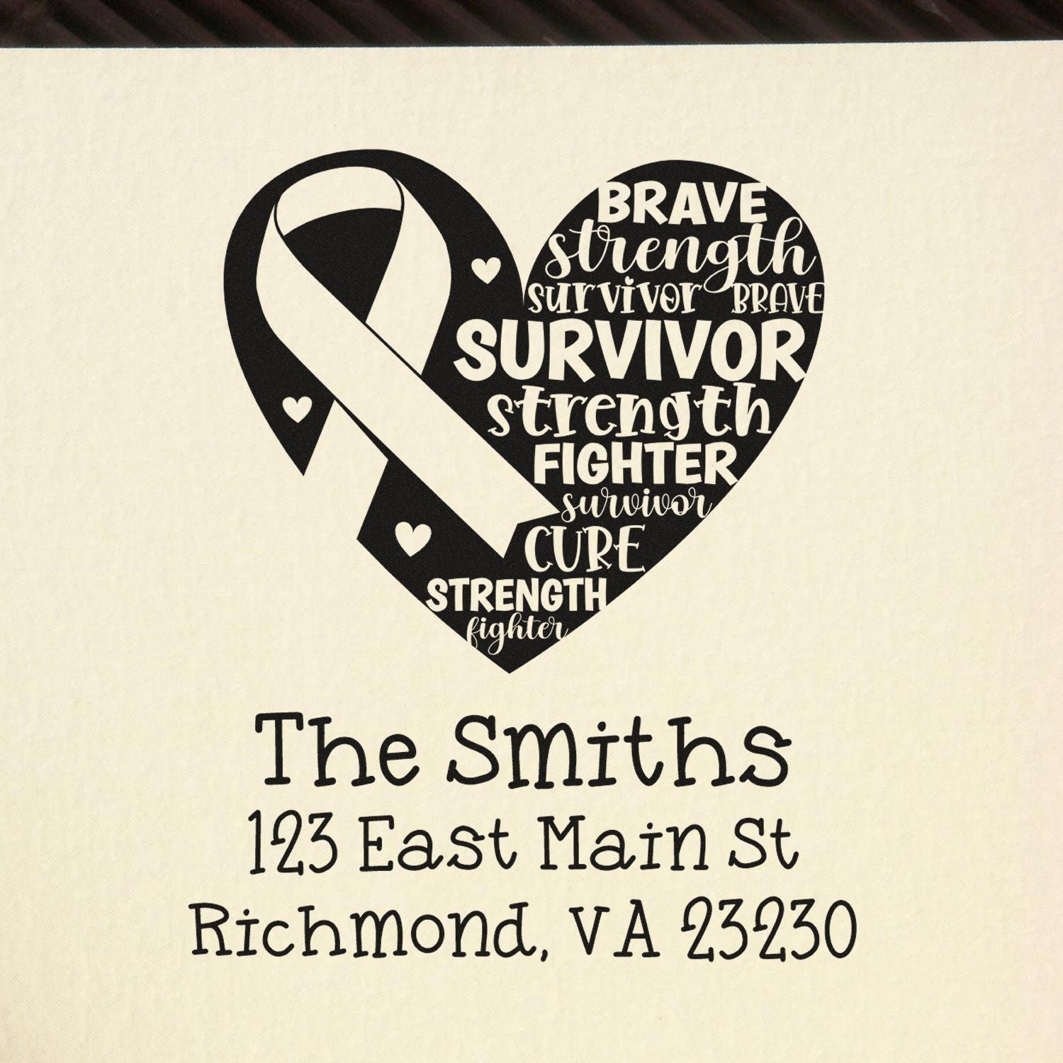 Custom cancer survivor heart and ribbon rubber stamp with The Smiths address, brave strength fighter survivor design.