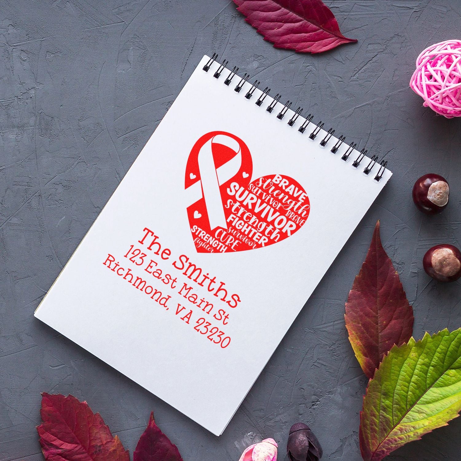 Custom breast cancer survivor return address rubber stamp with awareness ribbon heart design for personalized stationery.