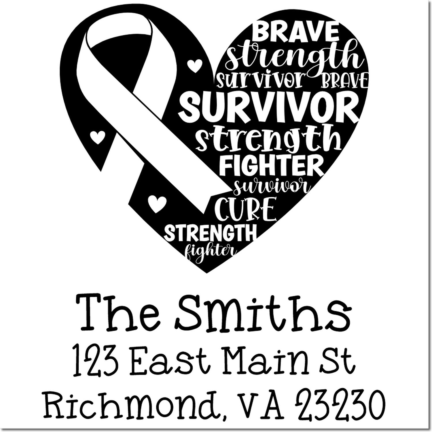Cancer survivor awareness ribbon heart rubber stamp with personalized address and strength, brave, fighter message.
