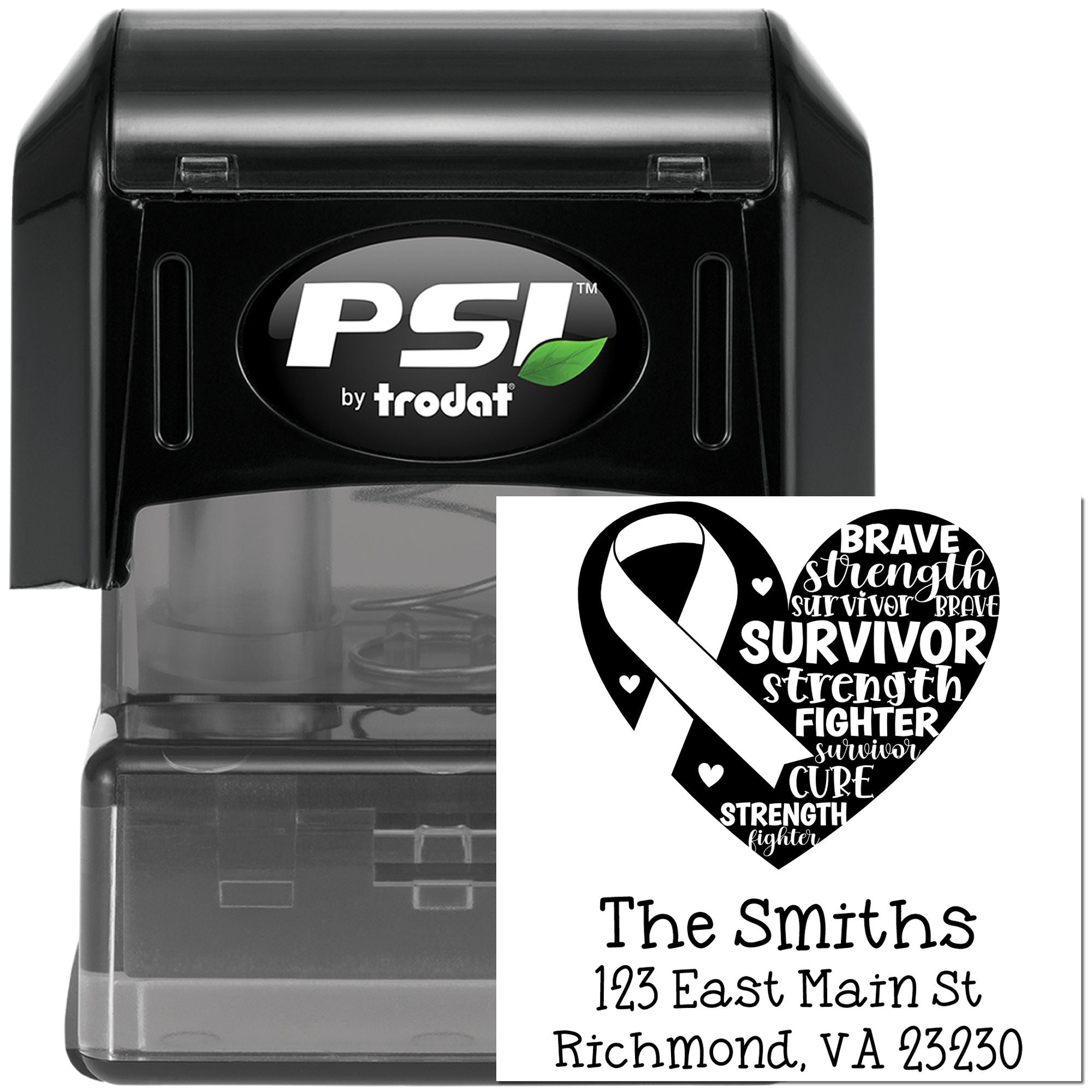 Custom self-inking PSI by Trodat rubber stamp for cancer survivor awareness and return address, The Smiths Richmond VA.