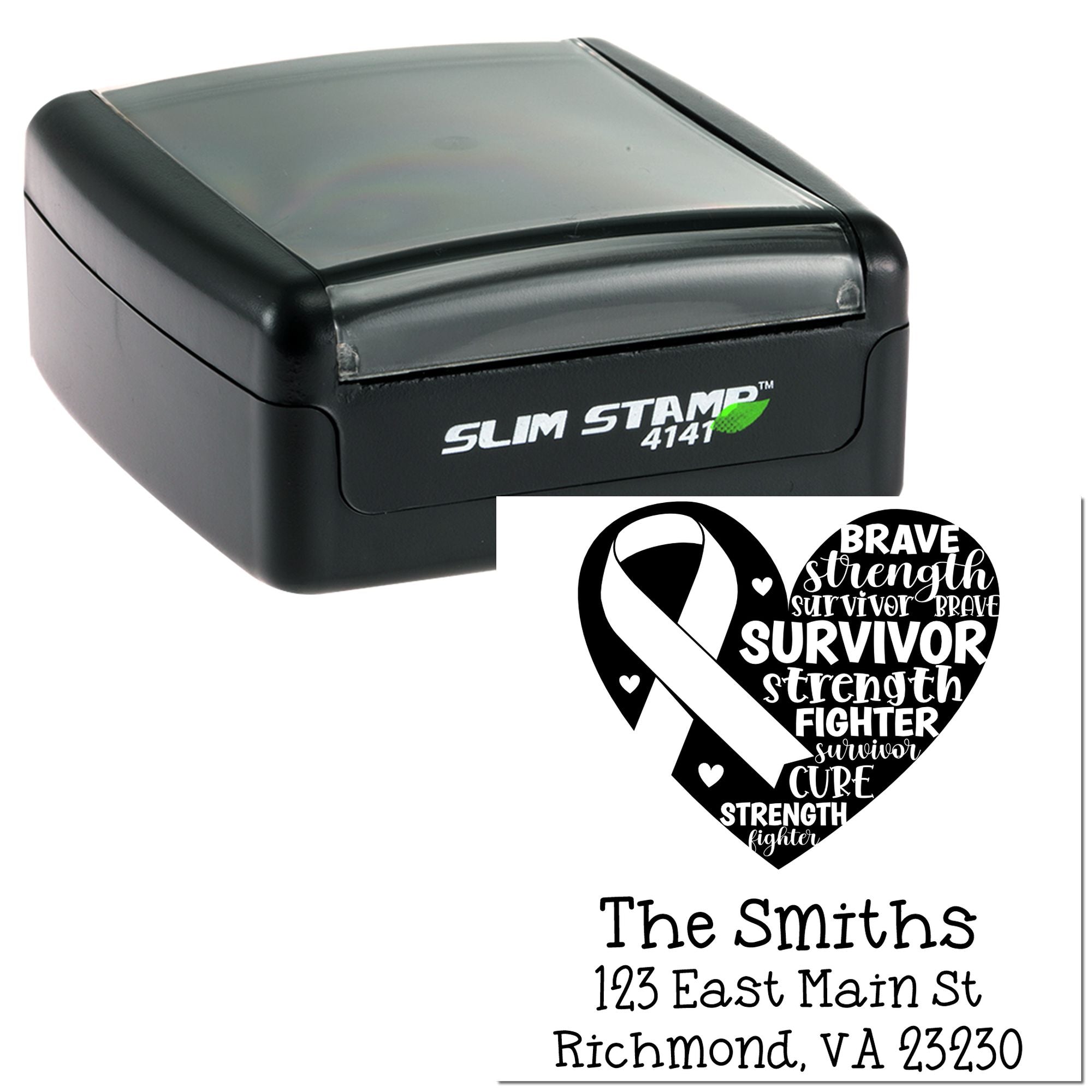 Custom self-inking slim rubber stamp with breast cancer survivor ribbon design and personalized return address.