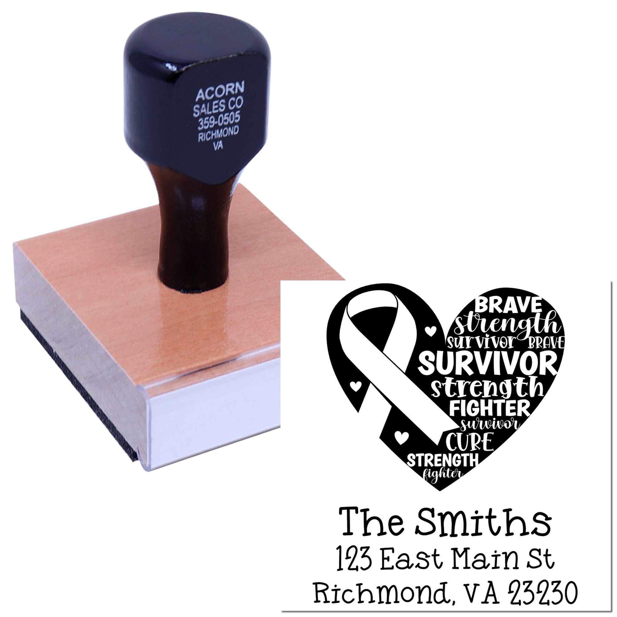 Custom rubber stamp with breast cancer awareness ribbon heart design and personalized return address imprint