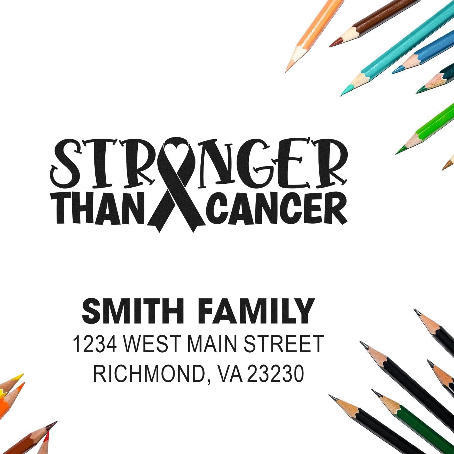 Custom rubber stamp designs for cancer awareness and address stamping, featuring Stronger Than Cancer and Smith Family examples.
