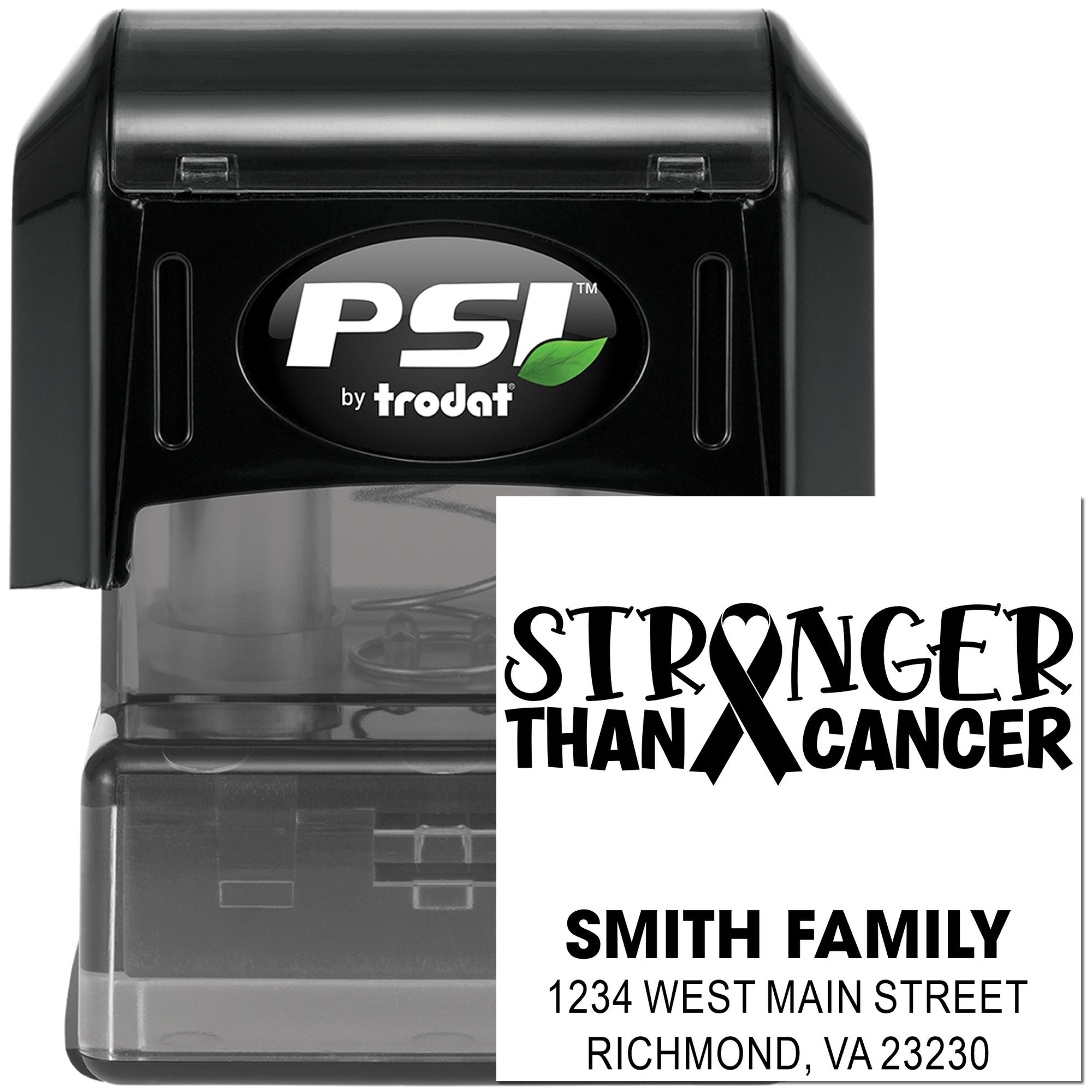 Custom self-inking rubber stamp by PSI Trodat with Stronger Than Cancer ribbon design and Smith Family return address imprint.