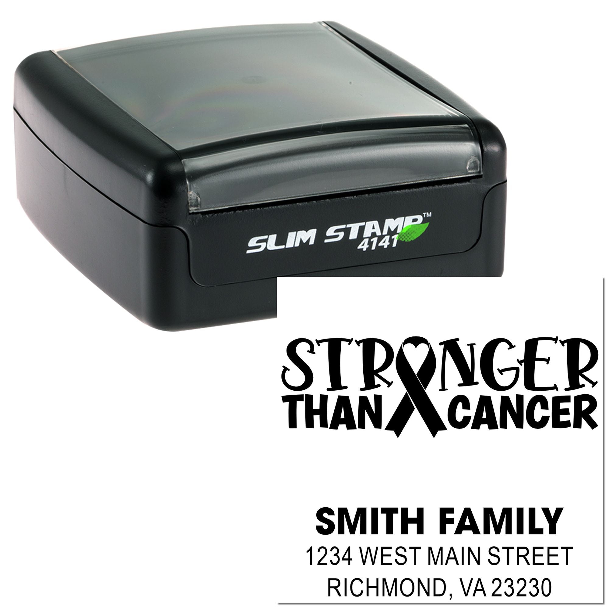 Custom slim self-inking rubber stamp with return address and Stronger Than Cancer breast cancer awareness design.