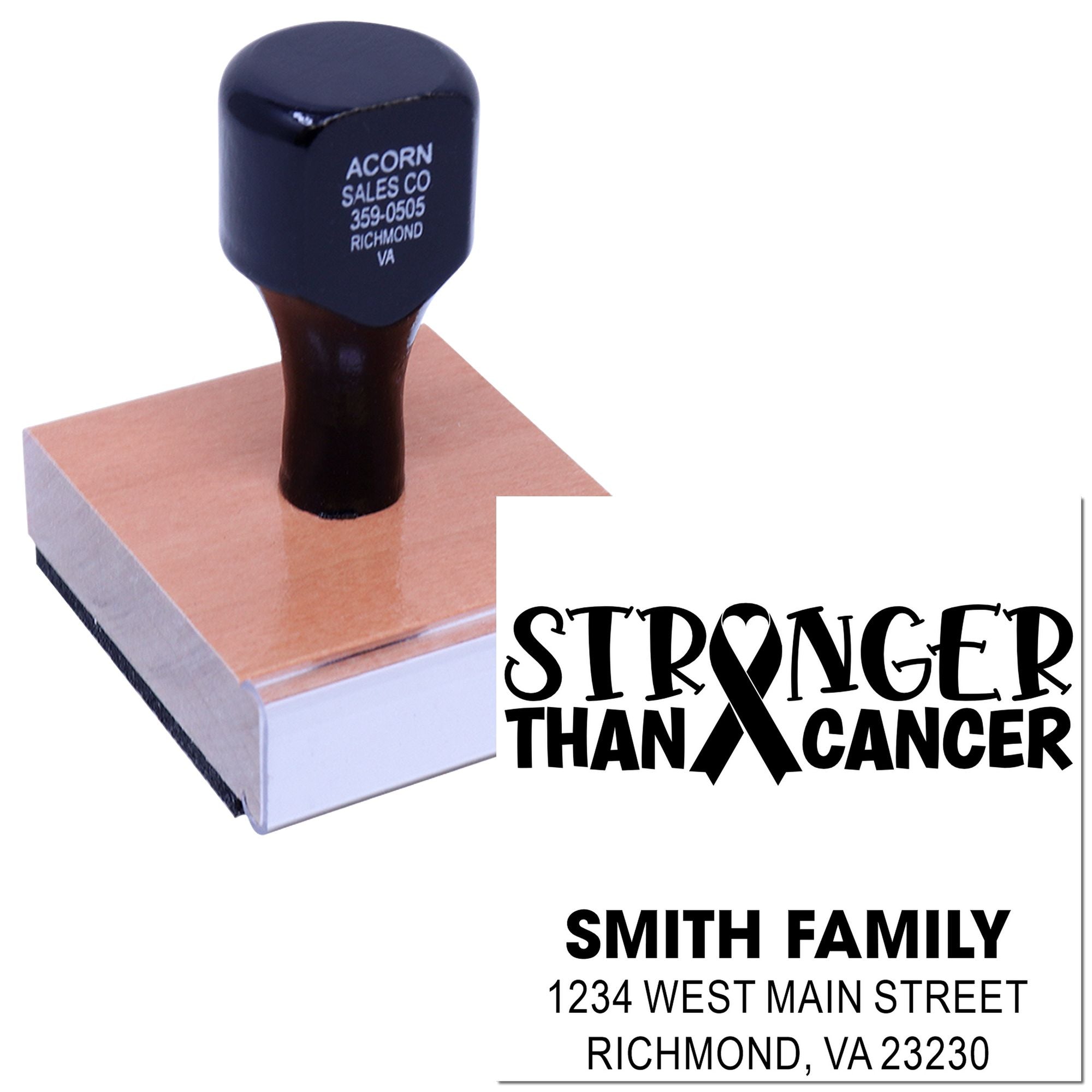 Custom personalized rubber stamp for mailing, featuring Stronger Than Cancer ribbon design and Smith Family address imprint.