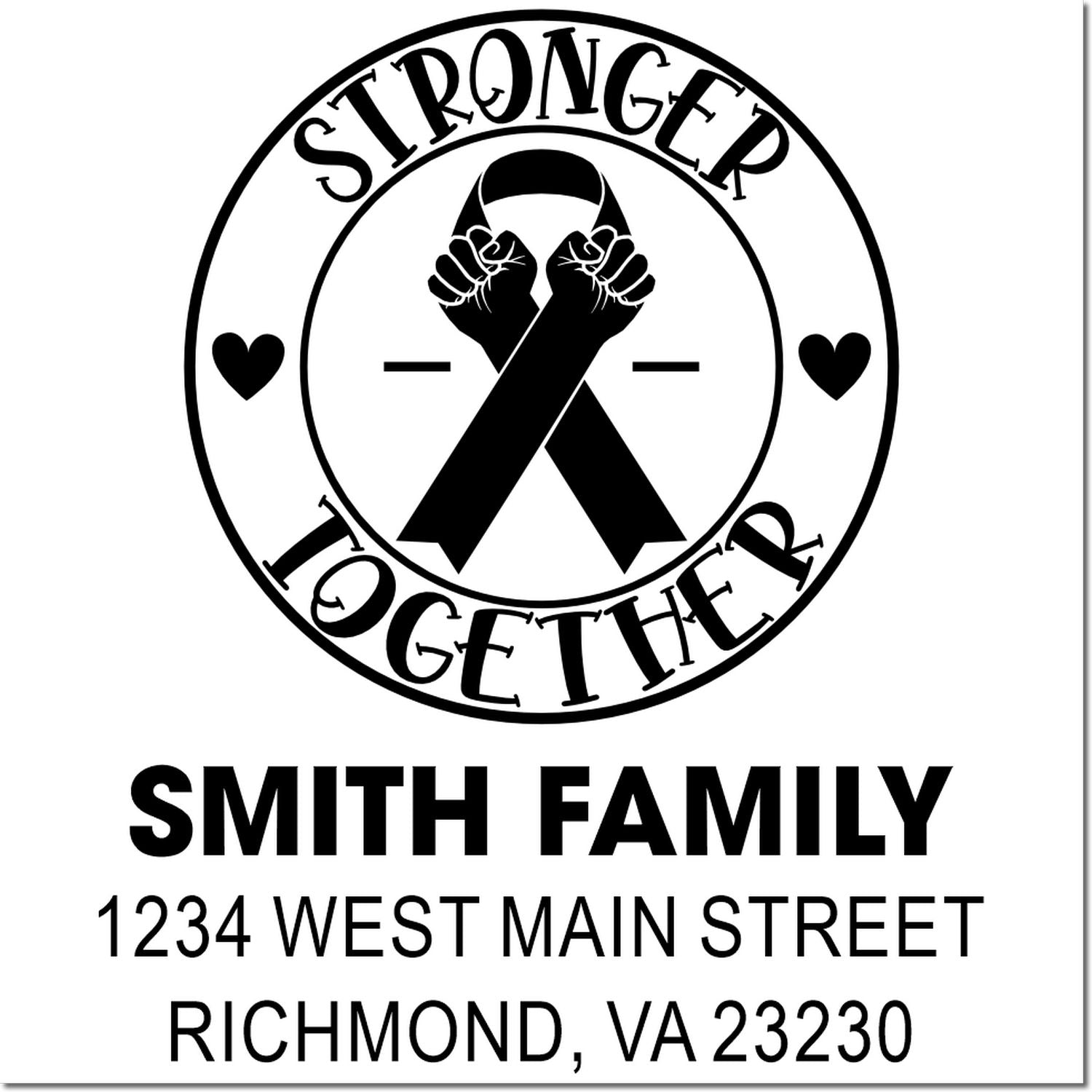 Personalized Smith Family return address rubber stamp with Stronger Together breast cancer awareness ribbon logo.