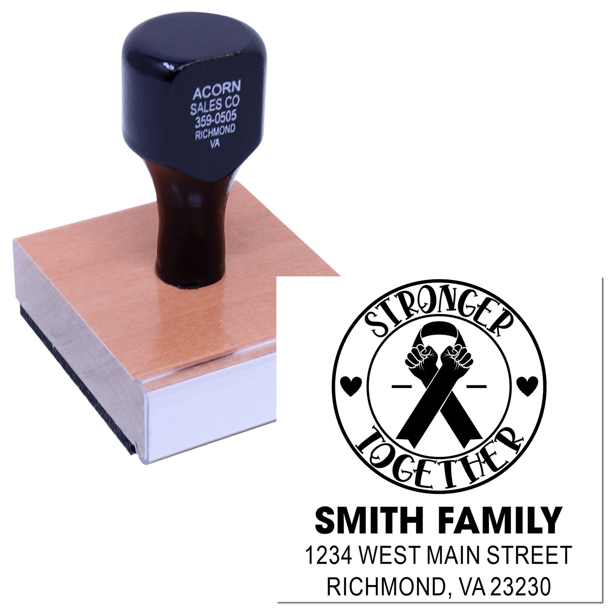 Custom family address rubber stamp with Stronger Together logo for personalized mailing labels and stationery.