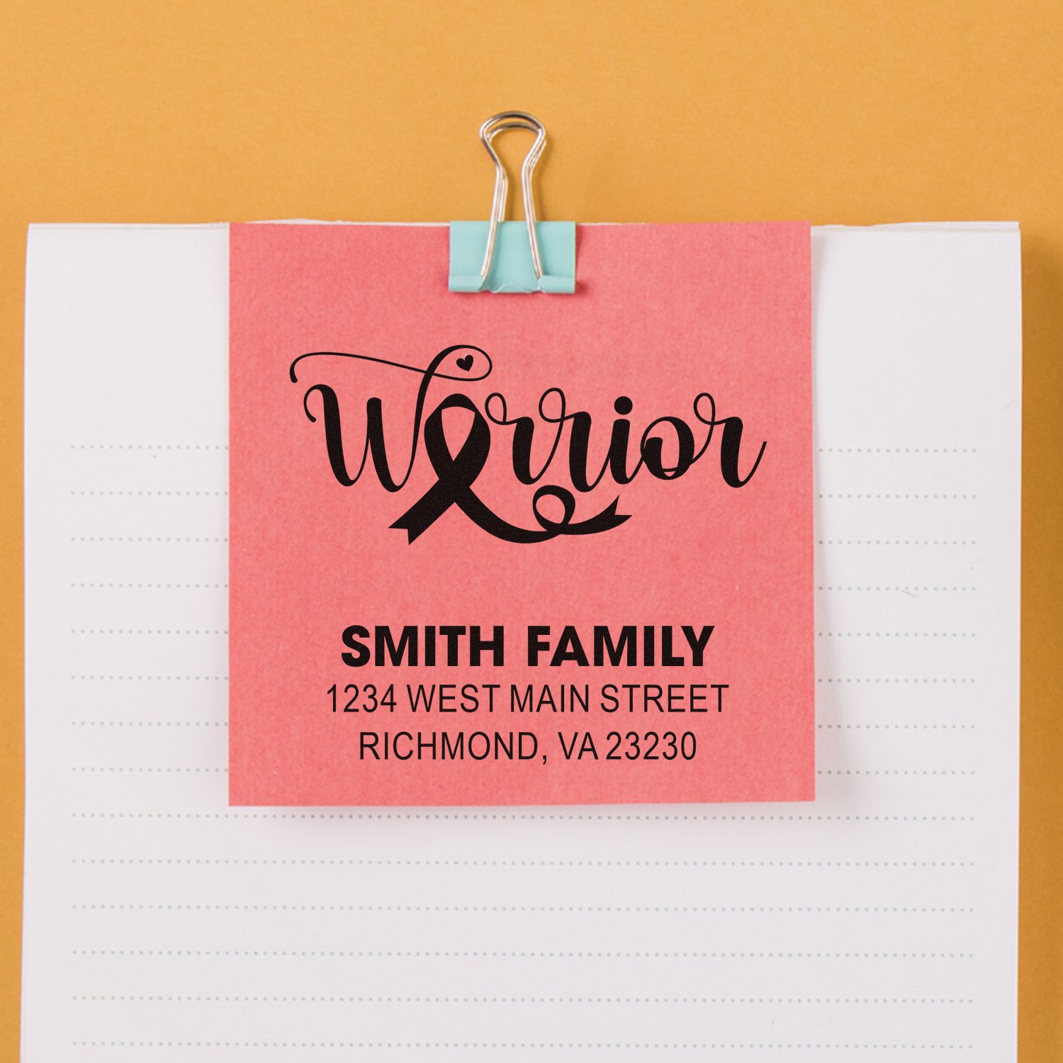 Personalized Warrior rubber stamp with pink ribbon, family name and address for breast cancer awareness mailings.