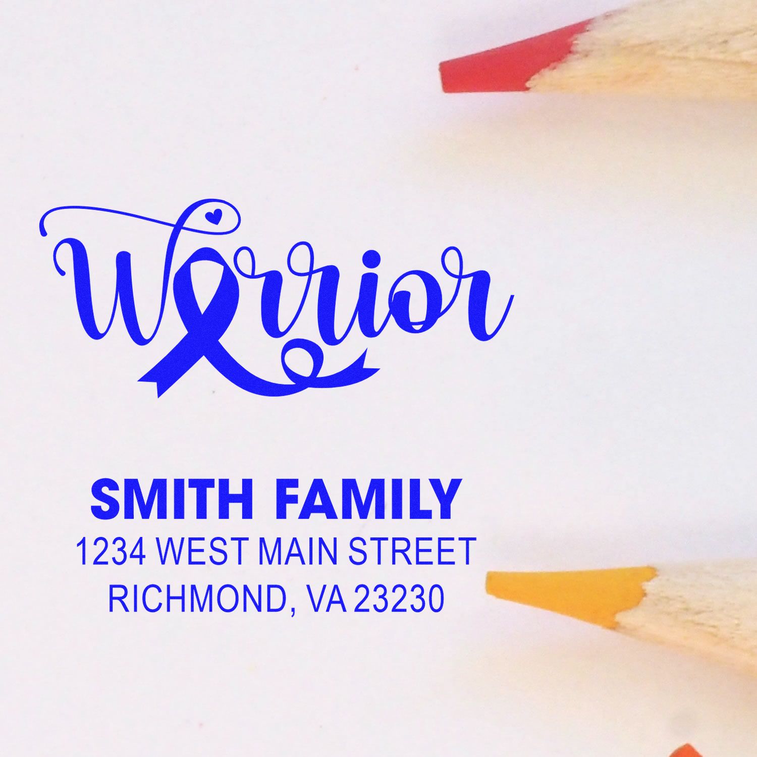 Custom rubber stamp design featuring Warrior ribbon logo, Smith Family name and address for personalized stationery.