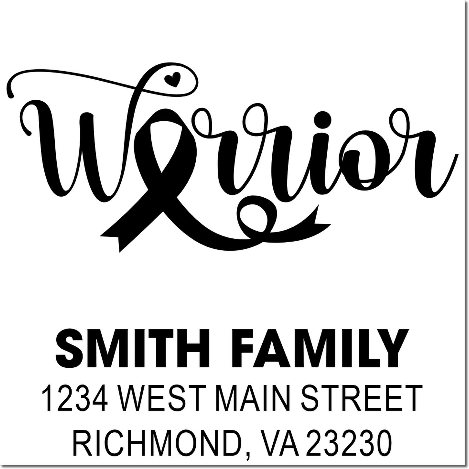 Personalized warrior awareness ribbon rubber stamp with Smith Family name and return address.