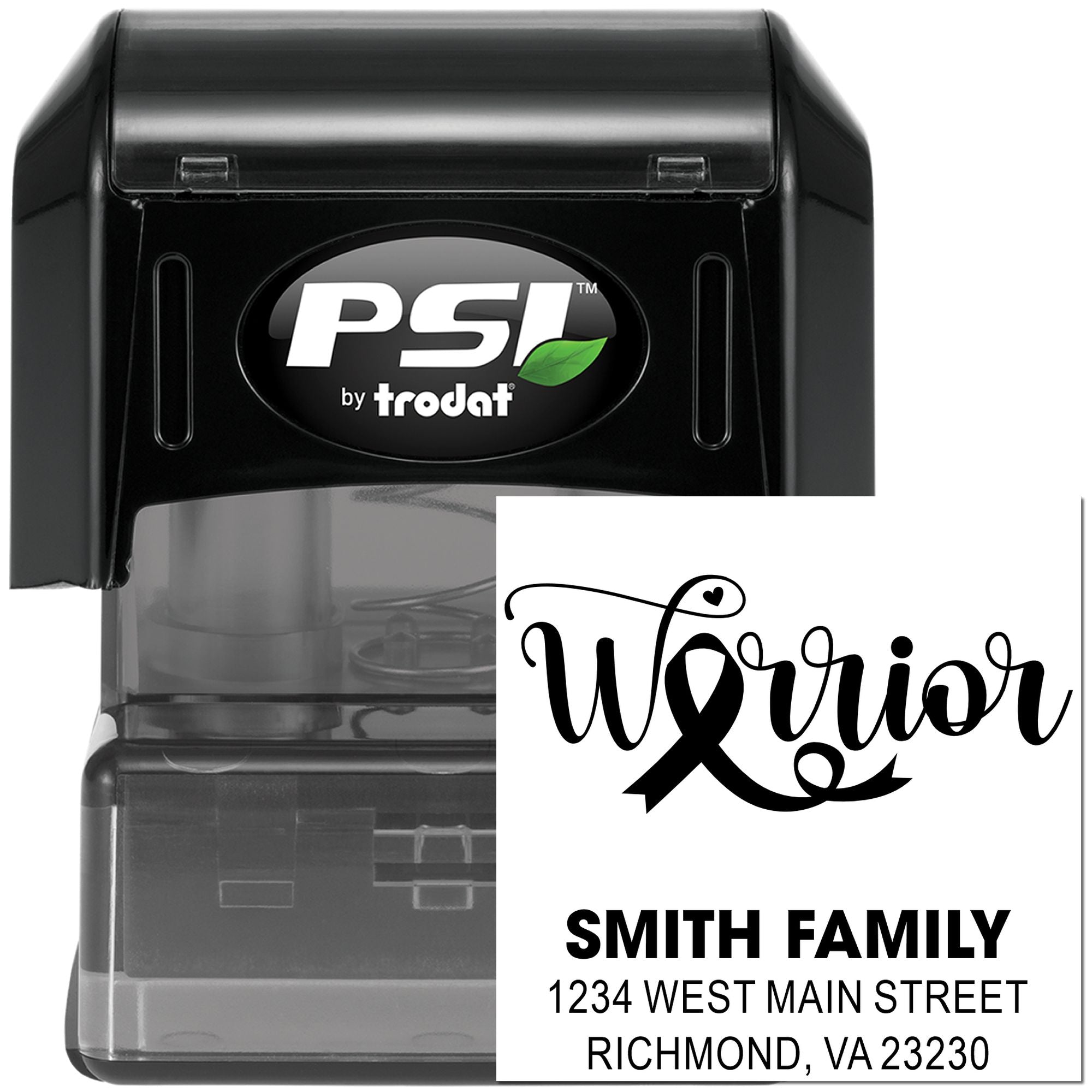 PSI by Trodat self-inking rubber stamp with custom Warrior design, Smith Family address, ideal for personalized wedding and mailing stamps