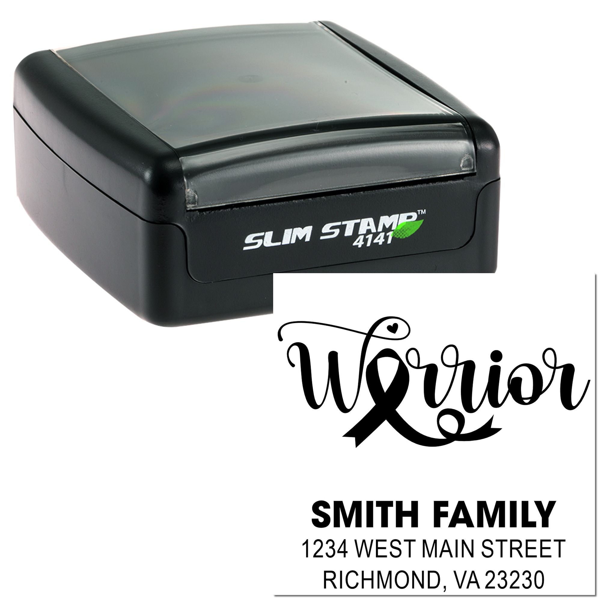Self-inking rubber address stamp with Warrior ribbon design and Smith Family return address imprint