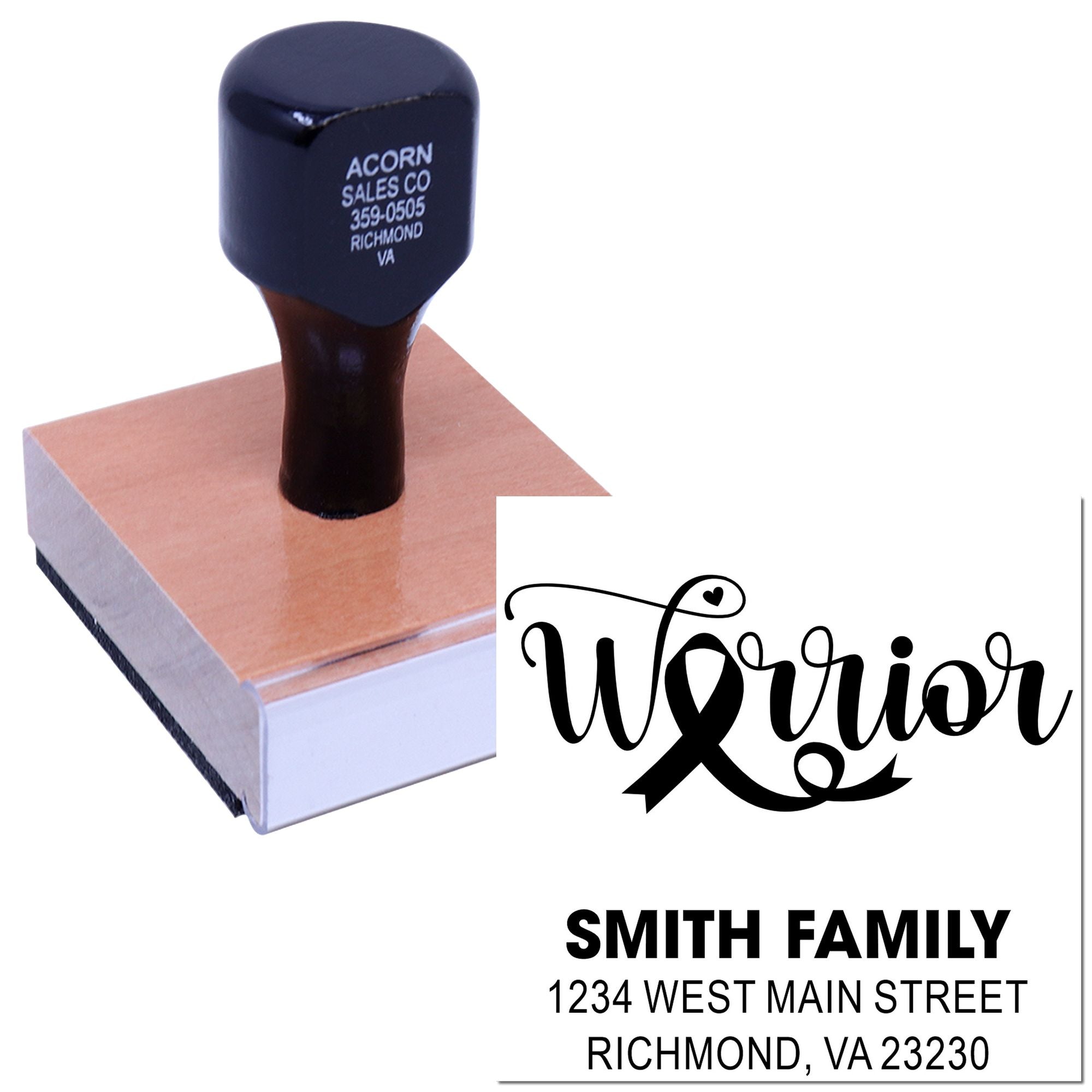 Custom return address rubber stamp with Warrior ribbon design for the Smith Family, Richmond, VA.