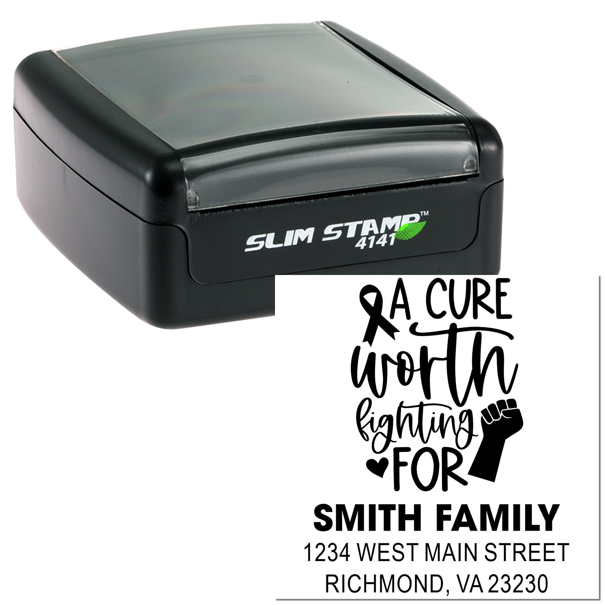 Custom self-inking rubber stamp with cancer awareness ribbon, A Cure Worth Fighting For design, and Smith Family address.