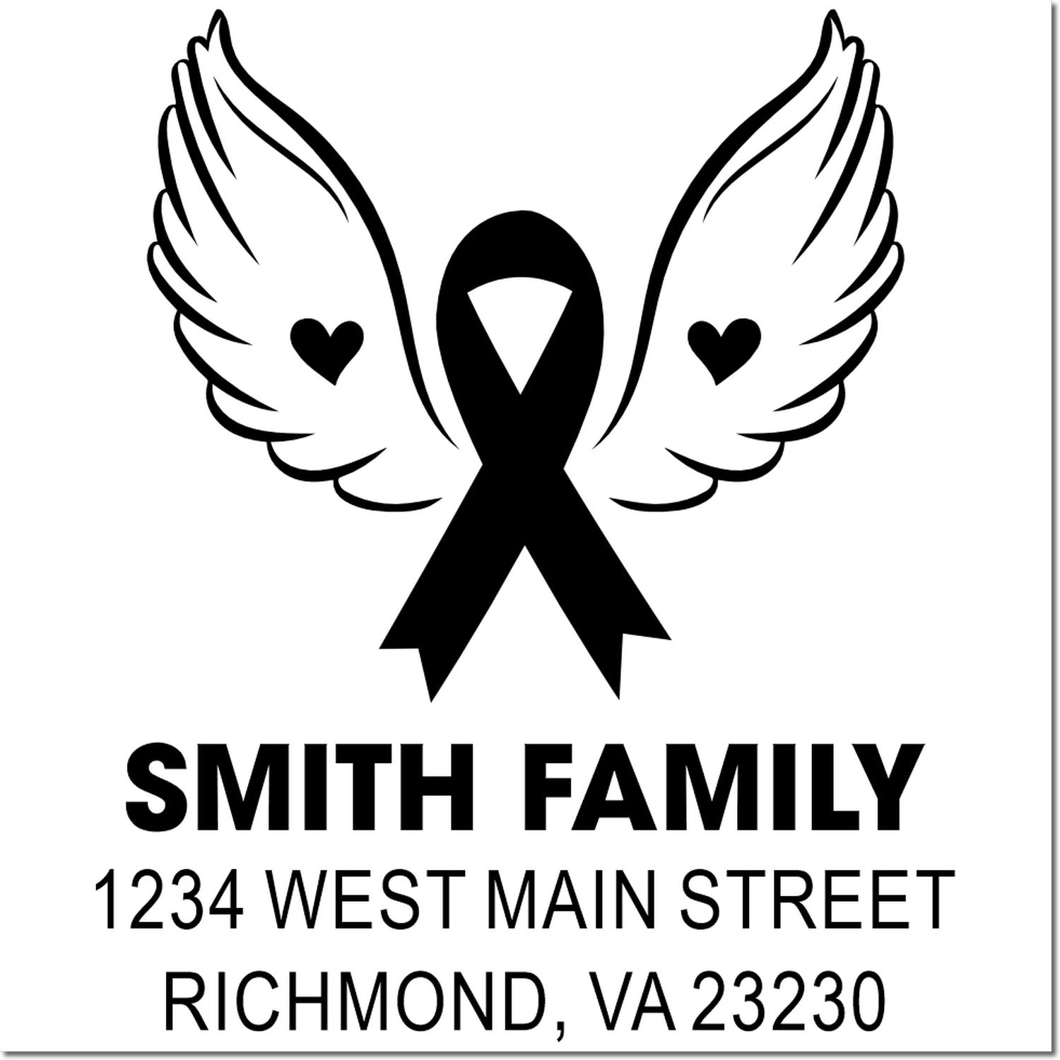 Personalized breast cancer awareness return address rubber stamp for Smith Family, Richmond, VA, with angel wings ribbon design.
