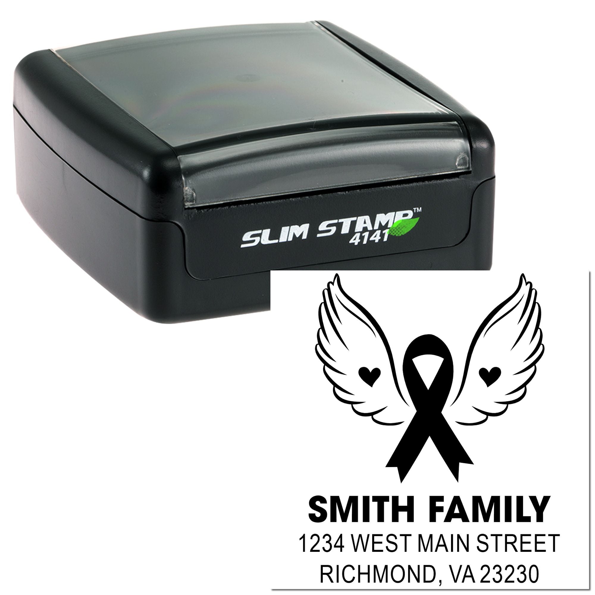 Custom self-inking rubber address stamp with breast cancer awareness ribbon design for Smith Family