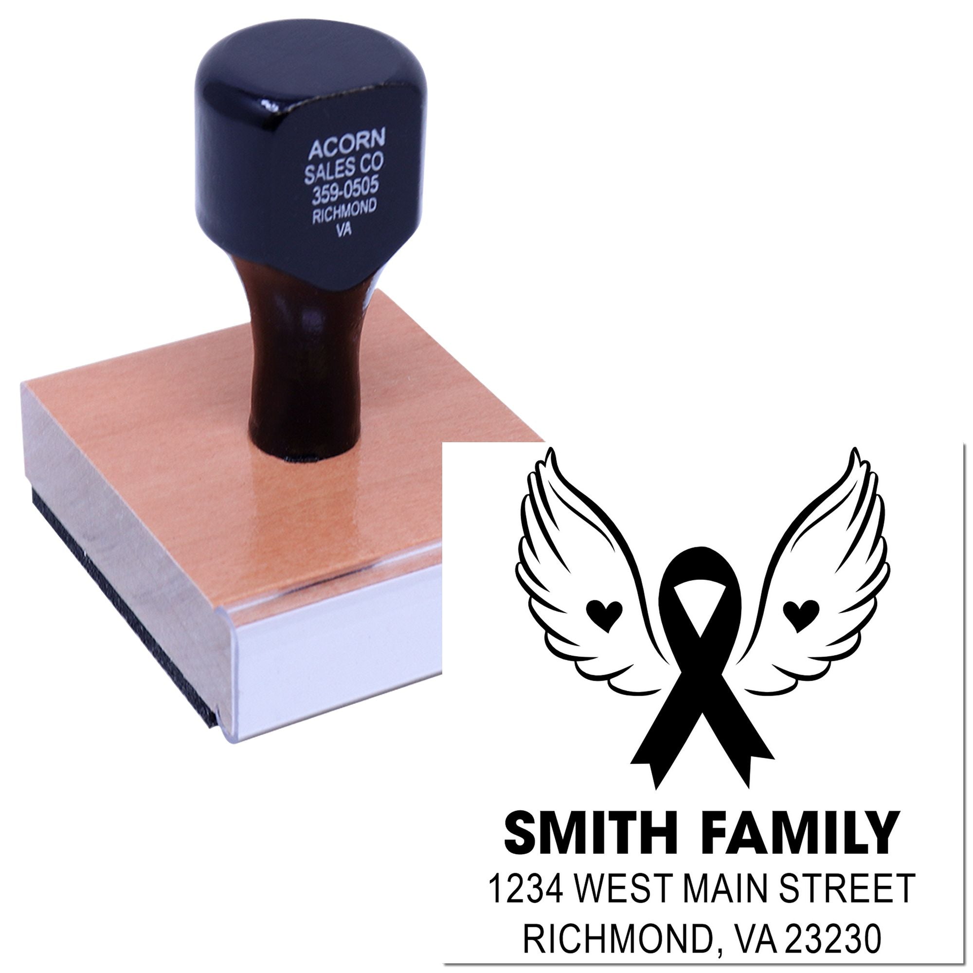 Custom rubber stamp with awareness ribbon and wings, personalized family address stamp for memorial mailings and awareness support.