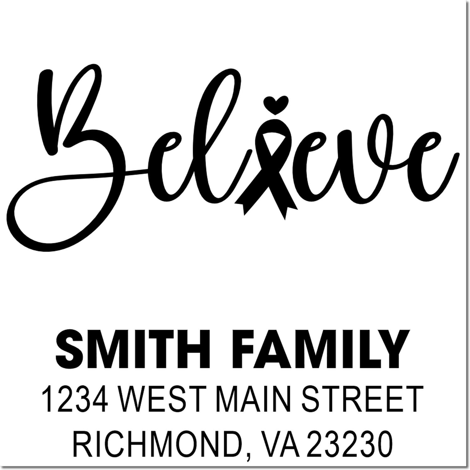 Personalized return address rubber stamp with Believe ribbon design for Smith Family, Richmond, VA.