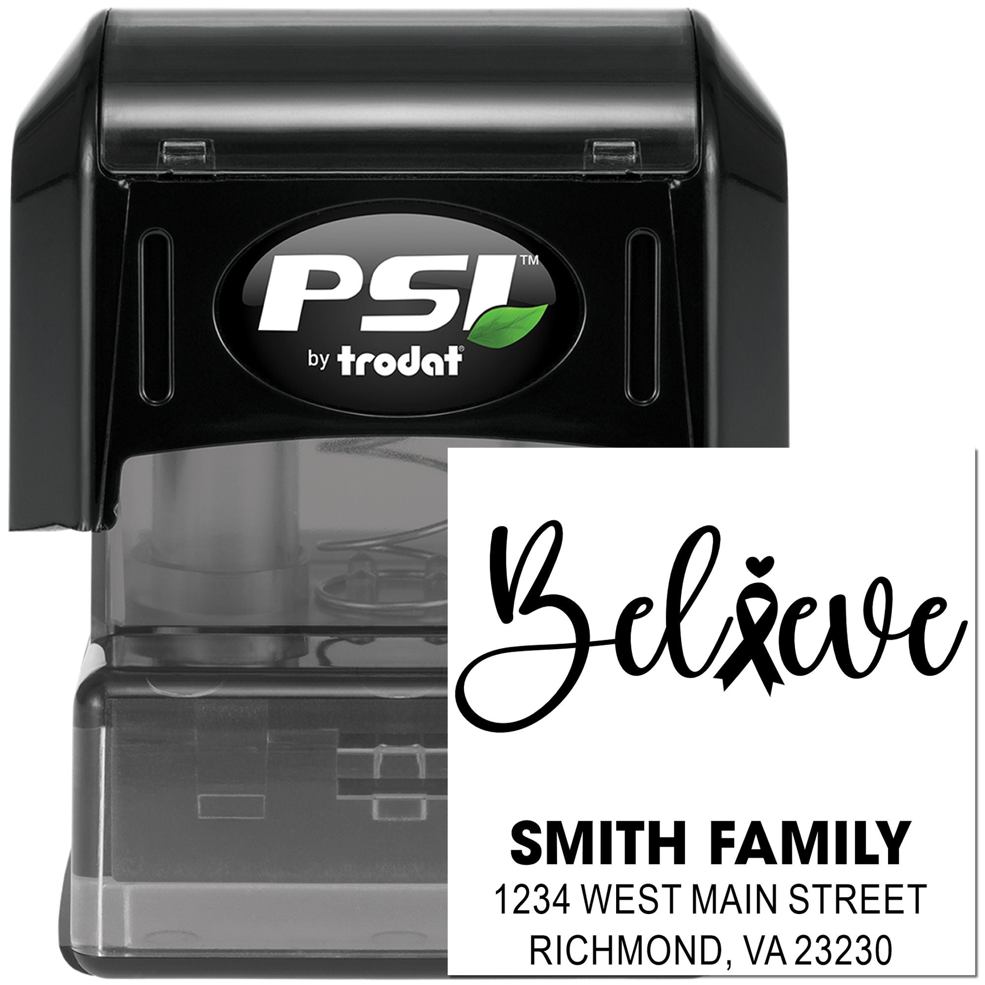 Custom self-inking rubber stamp with Believe design and Smith Family address, ideal for personalized mailing and crafts.