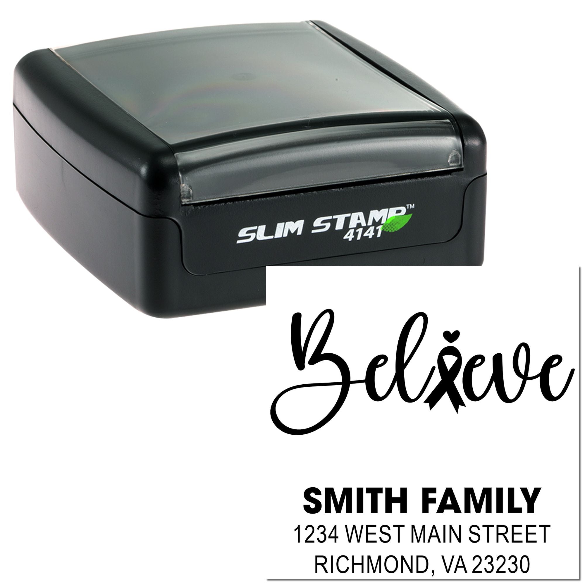 Slim Stamp 4141 self-inking rubber stamp for custom family address labels with Believe return address design