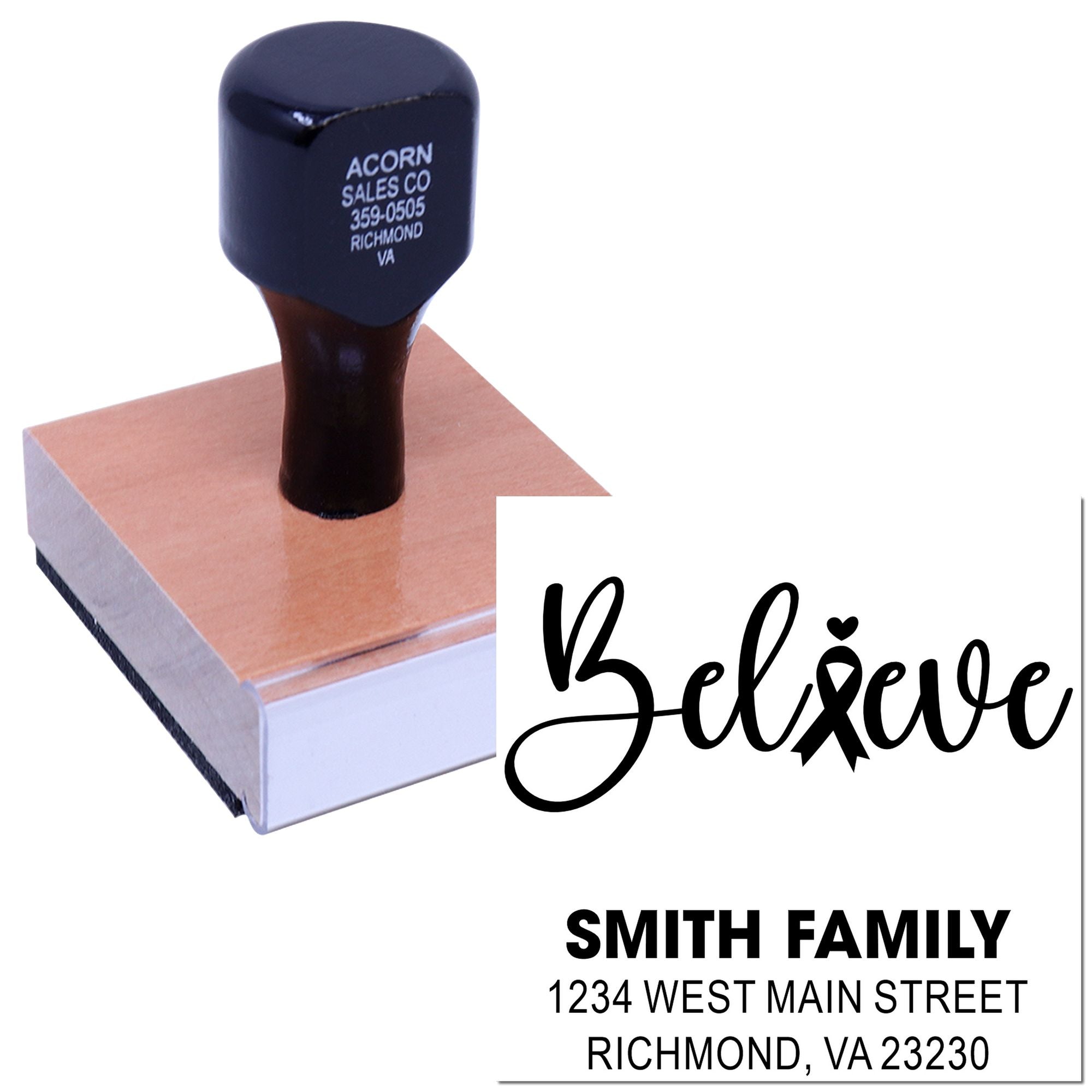Custom rubber stamp with Believe design and Smith Family return address imprint for personalized mailings and wedding stationery.