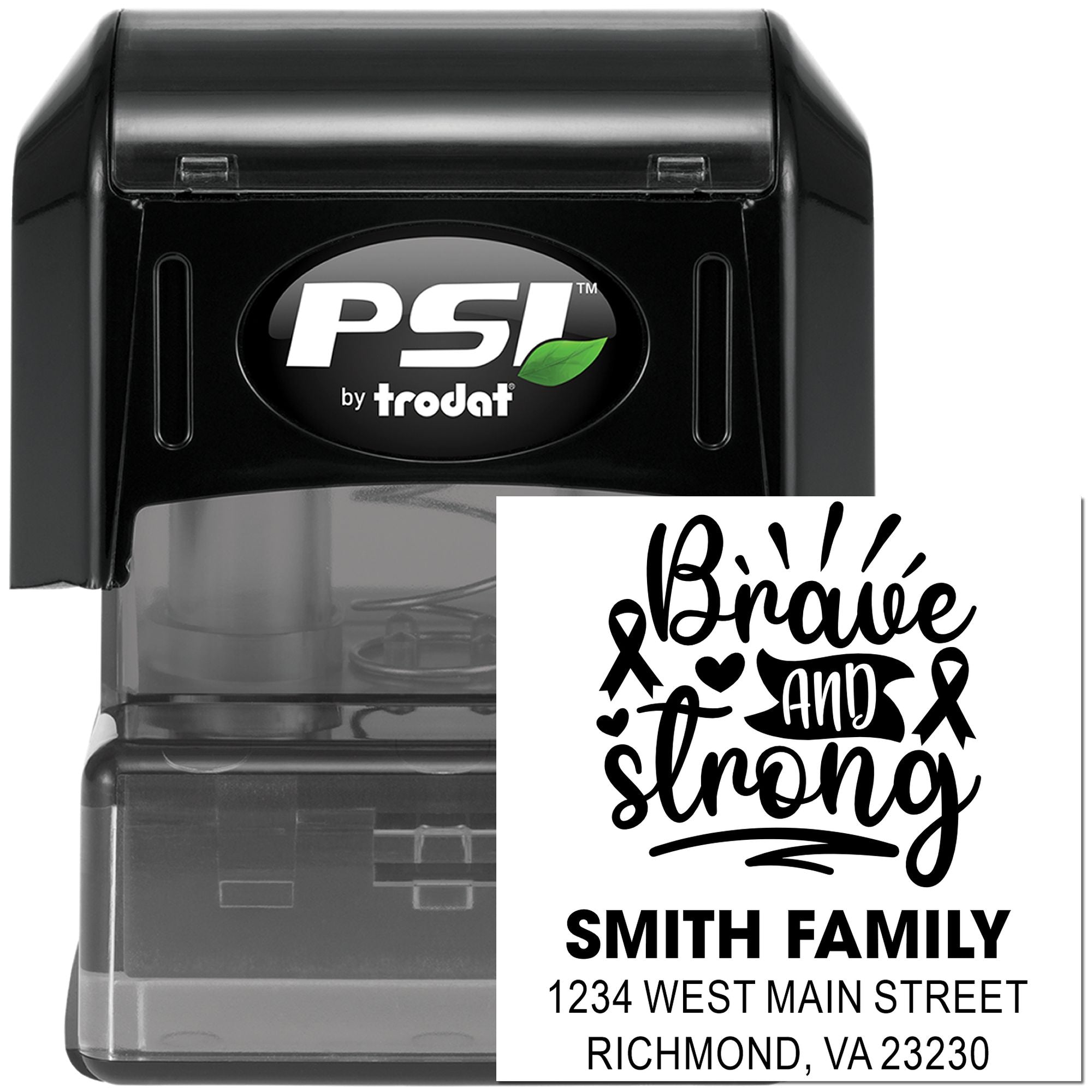 PSI by Trodat custom self-inking rubber stamp with Brave and Strong breast cancer awareness return address design.