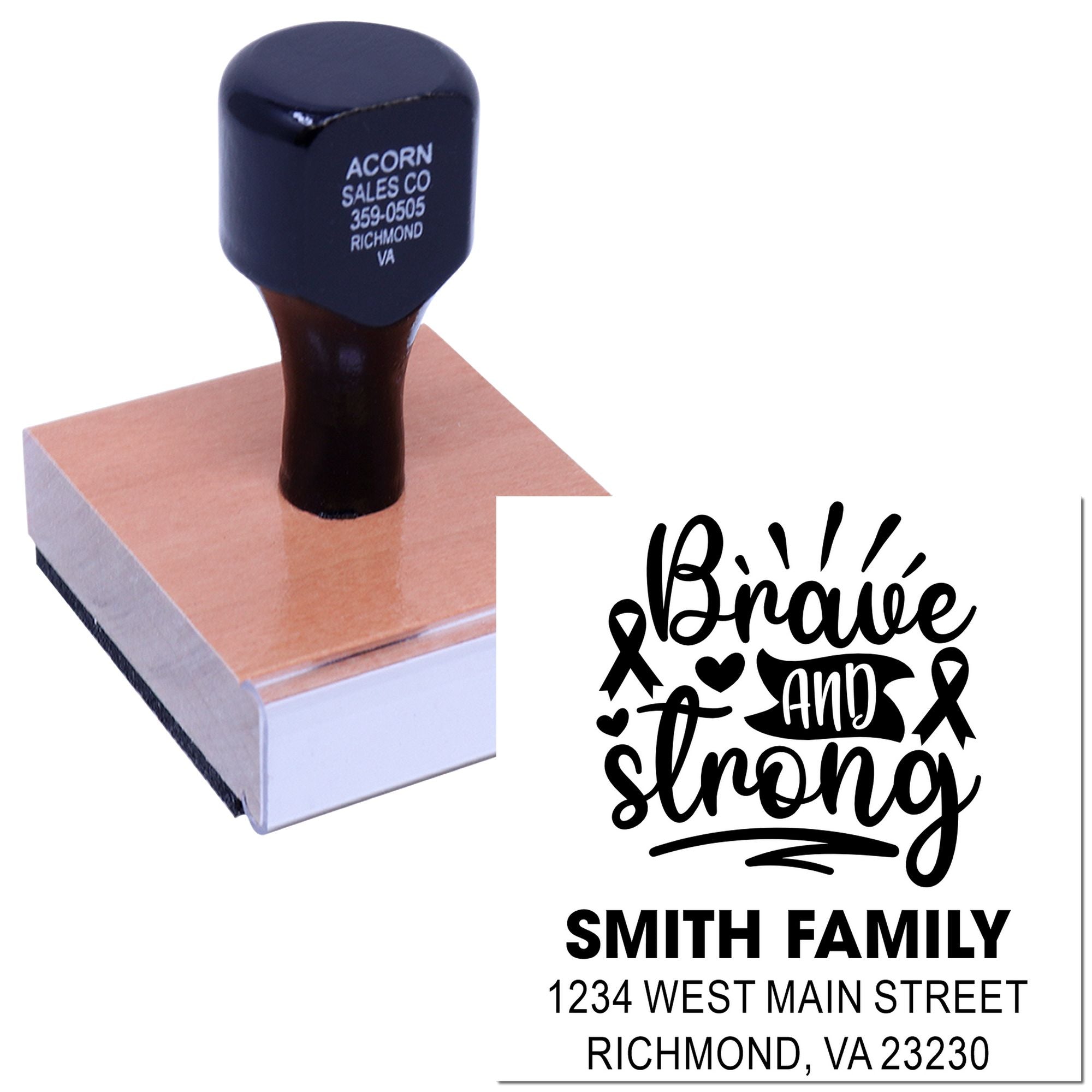 Custom rubber stamp with Brave and Strong design, Smith family name, and address for personalized mailing and fundraising.