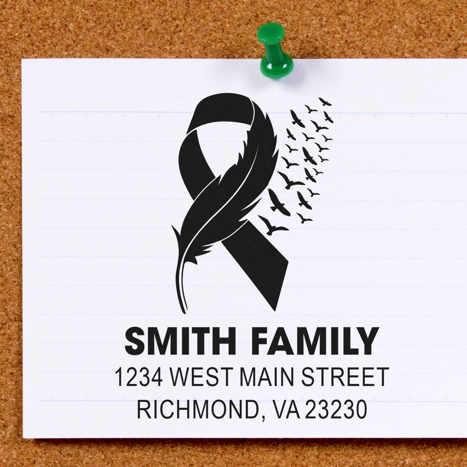 Custom rubber stamp with memorial ribbon and birds design for Smith Family address labels.