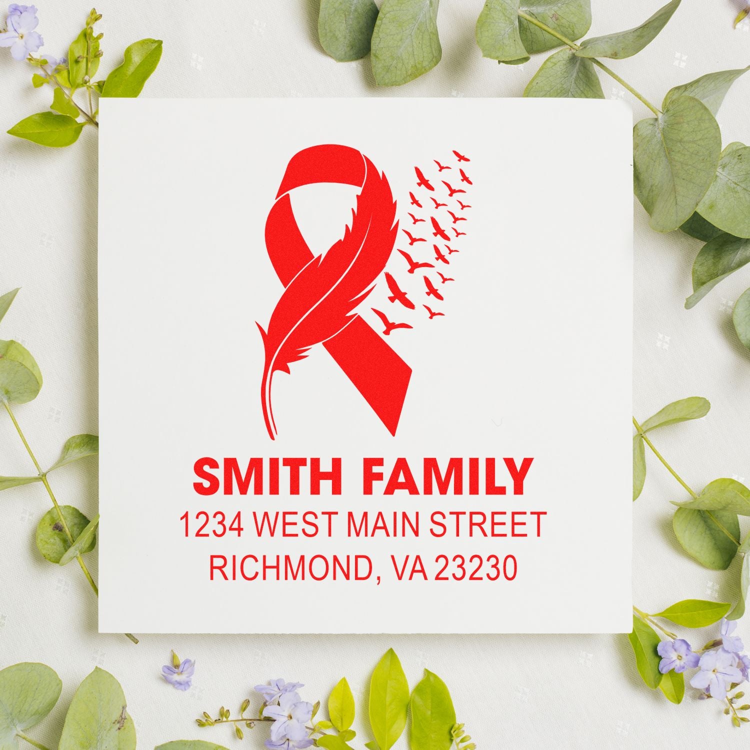 Personalized return address rubber stamp with red ribbon and birds, featuring Smith family name and Richmond, VA address