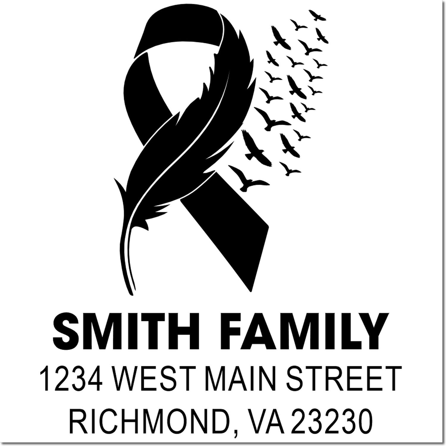 Personalized memorial ribbon address stamp with birds, family name, and return address for sympathy cards