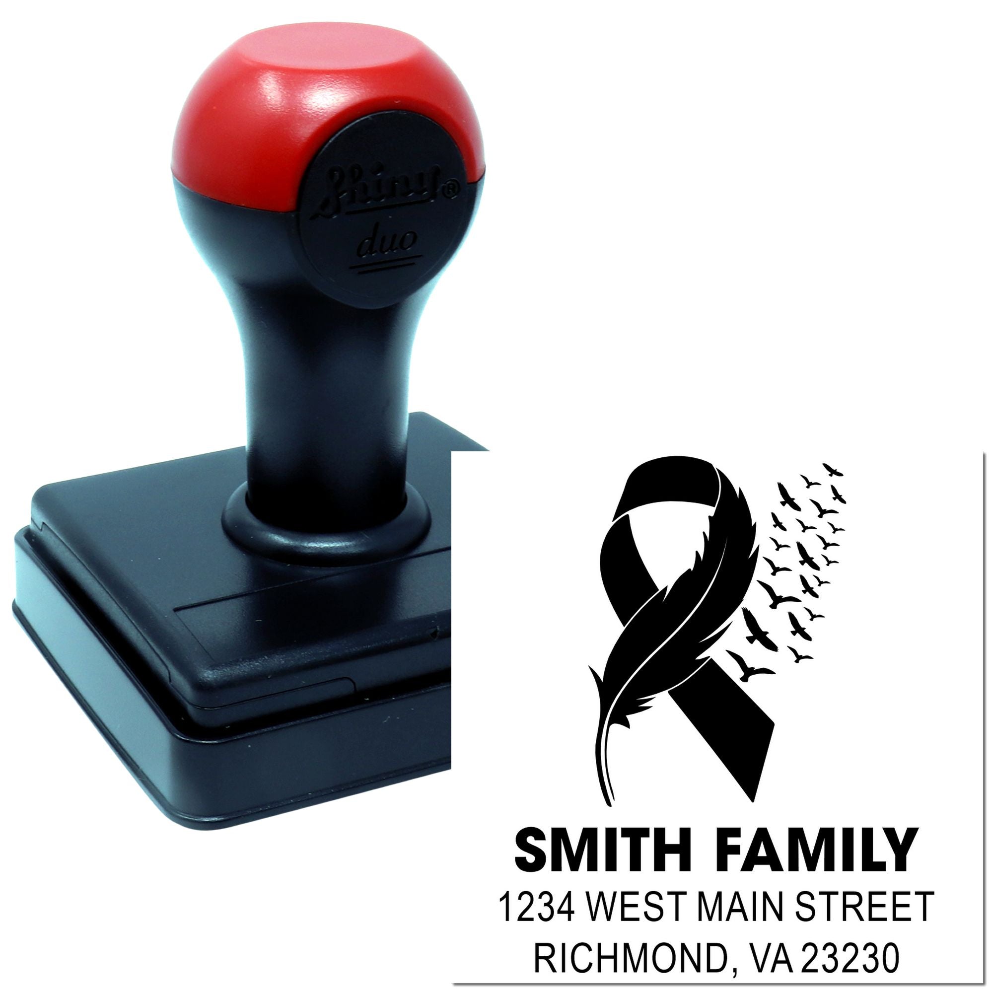 Custom self-inking rubber stamp with awareness ribbon design and Smith family return address imprint for personalized mailing.