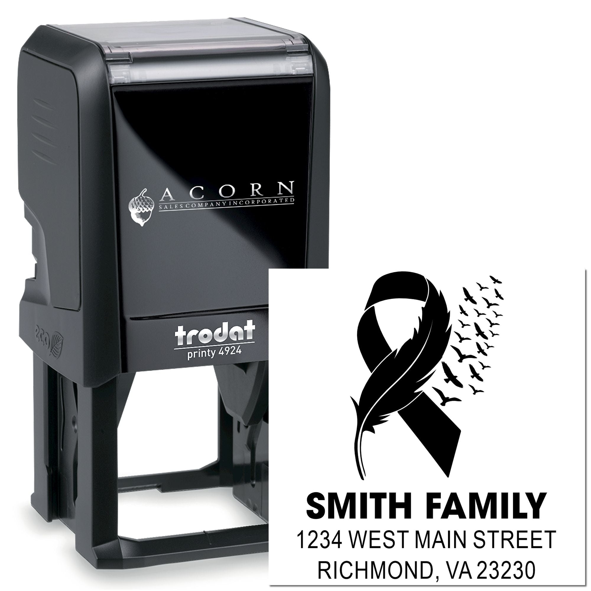 Trodat Printy 4924 custom self-inking rubber stamp with memorial ribbon and family return address design.