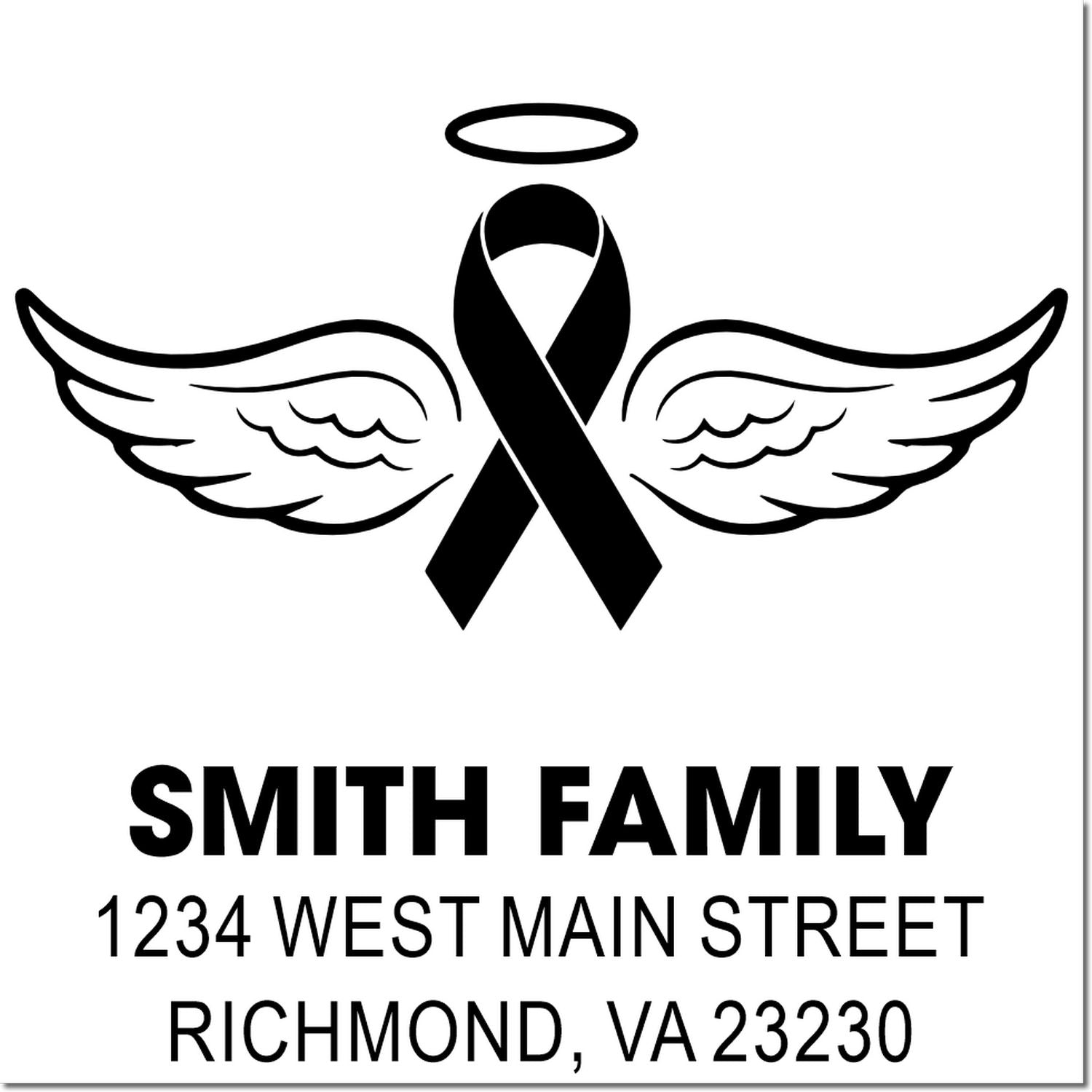 Custom rubber stamp design with angel wings and ribbon, reading Smith Family and Richmond, VA address.