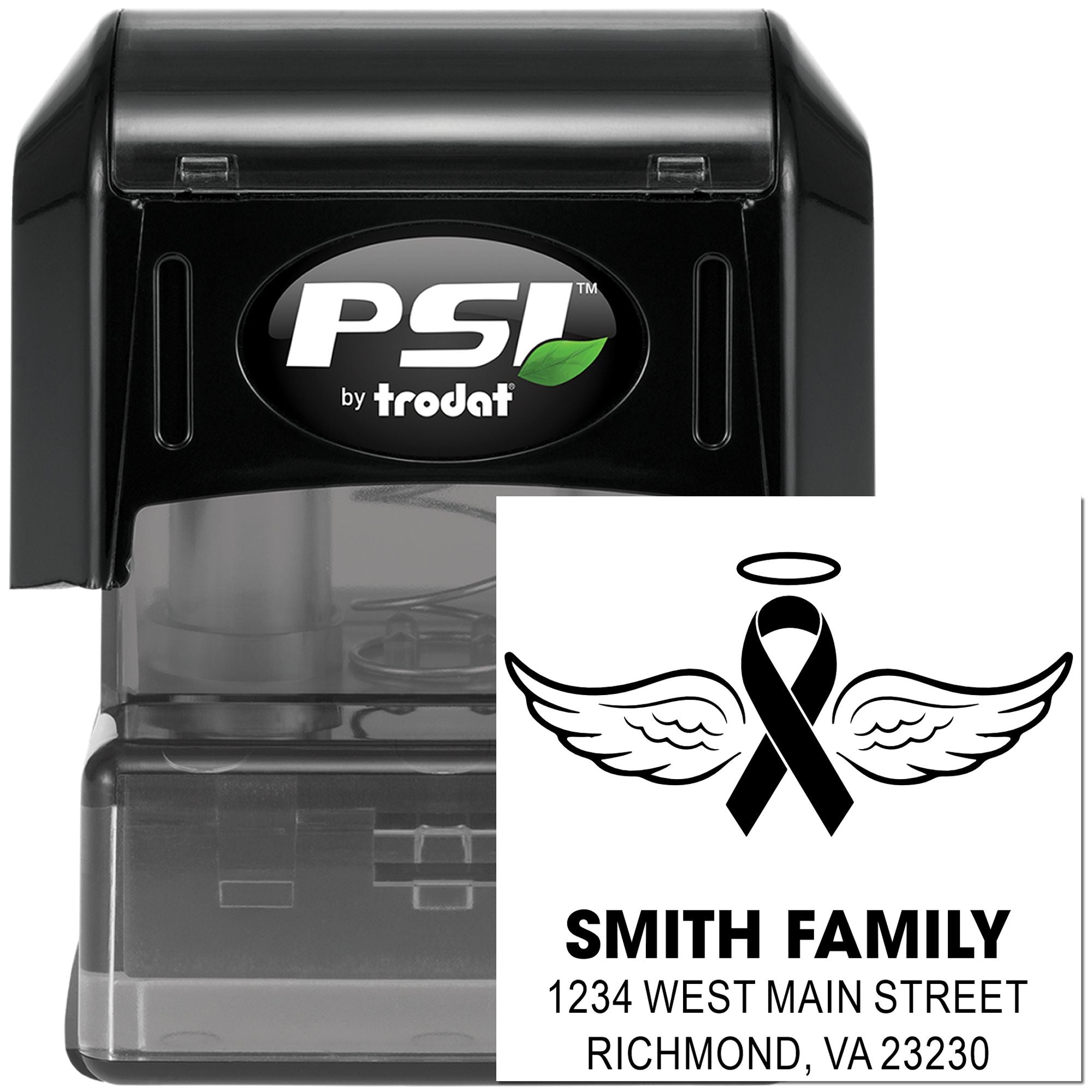 Custom self-inking rubber address stamp by PSI by Trodat with angel ribbon design and Smith Family return address.