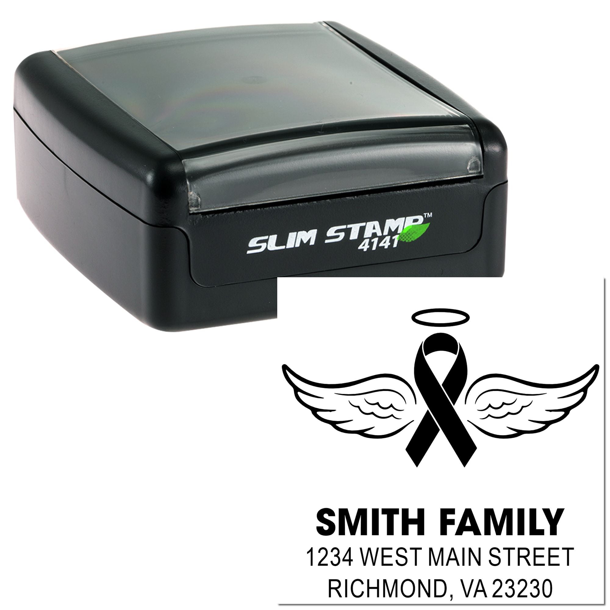 Slim Stamp 4141 self-inking custom address rubber stamp with memorial ribbon and angel wings for Smith Family.