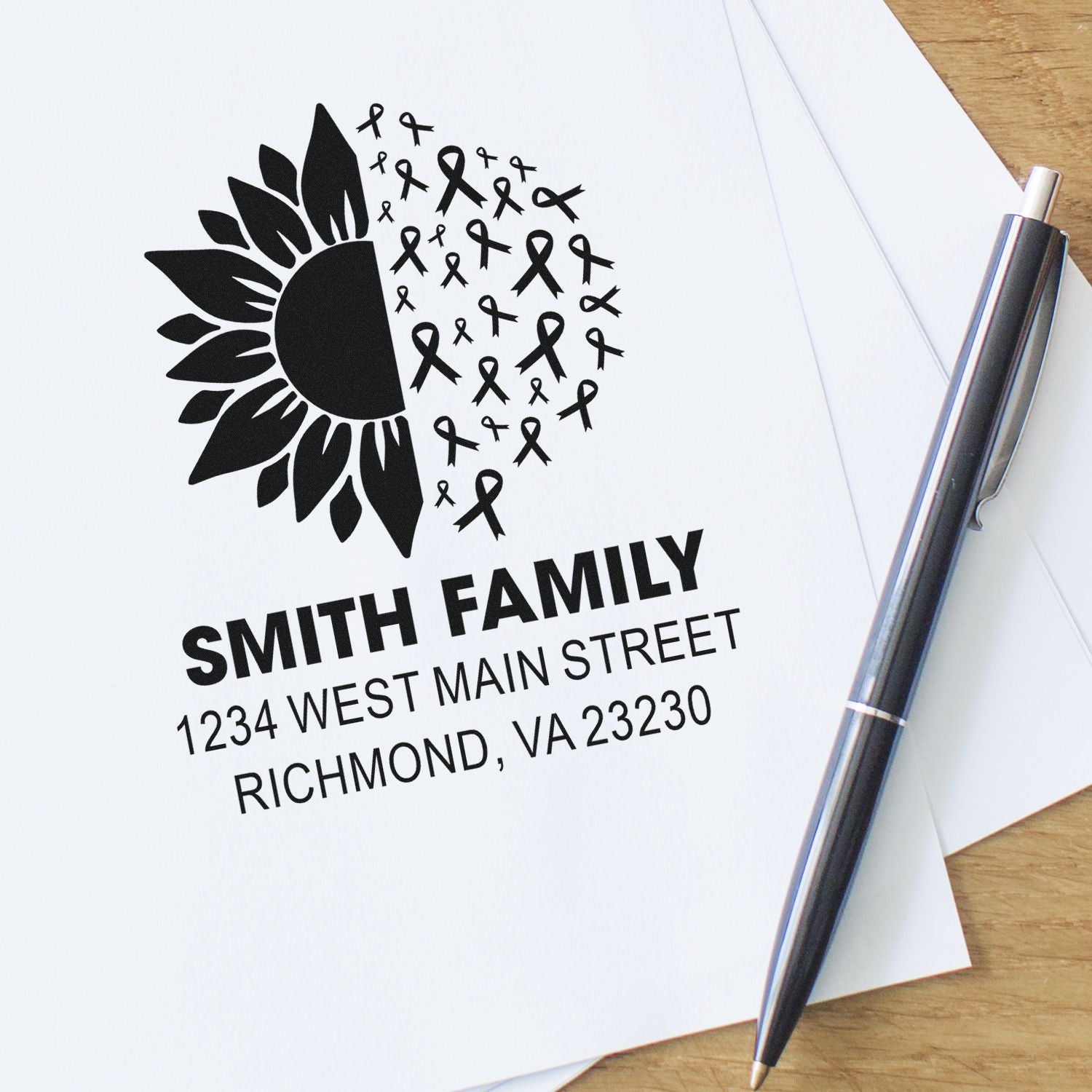Personalized return address rubber stamp for Smith Family mail with sunflower ribbon design and Richmond, VA address.