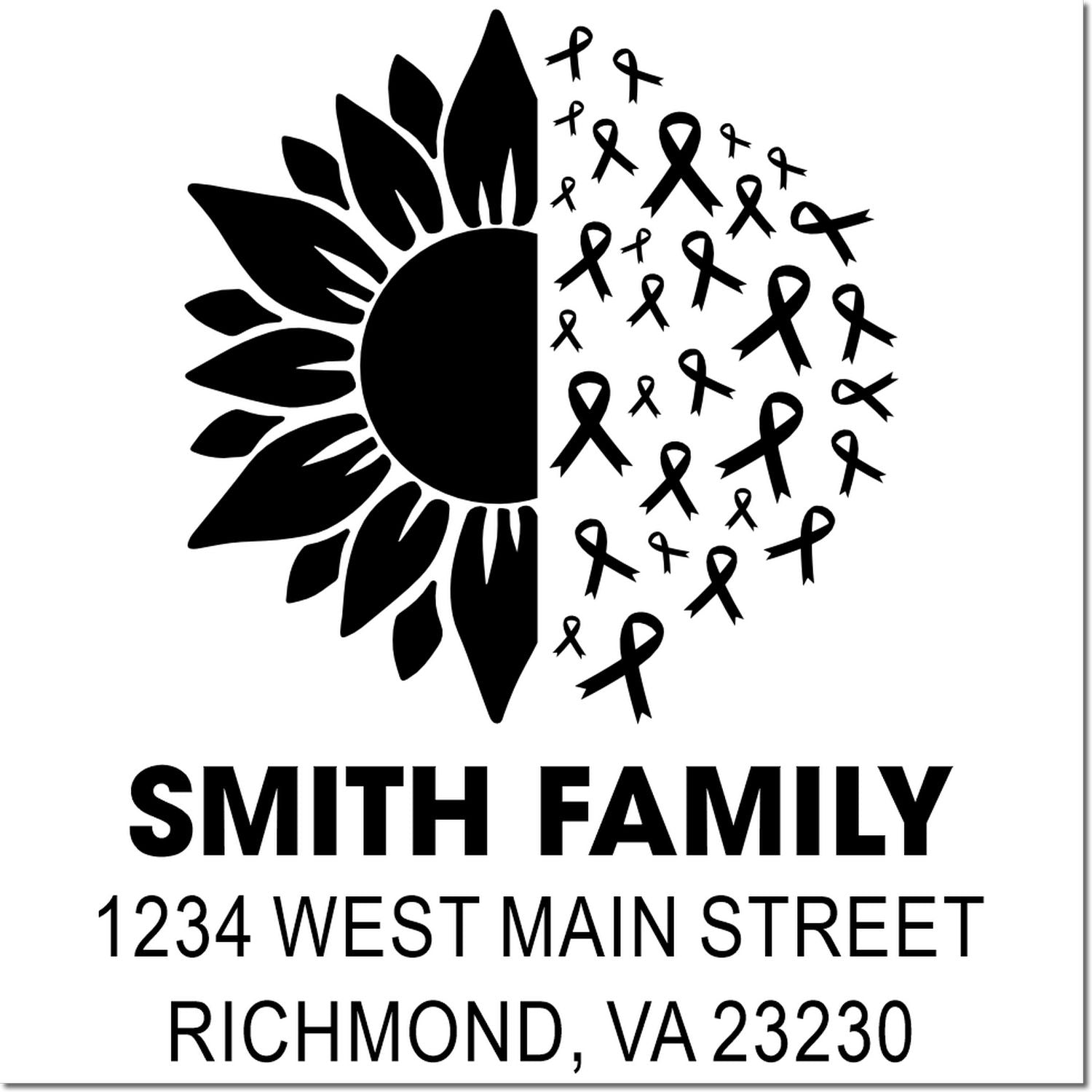 Custom family return address rubber stamp with sunflower and awareness ribbon design, Smith Family, 1234 West Main Street, Richmond VA 23230