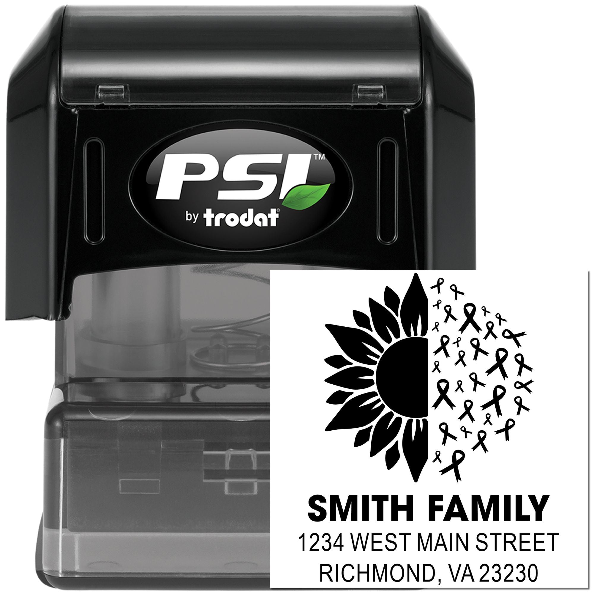 PSI by Trodat custom self-inking family address stamp with sunflower ribbon design for personalized mailing labels.
