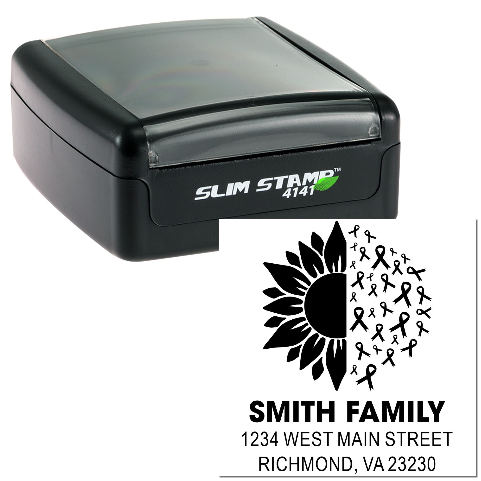 Custom self-inking rubber stamp with sunflower ribbon family address design for personalized mailing and awareness campaigns.