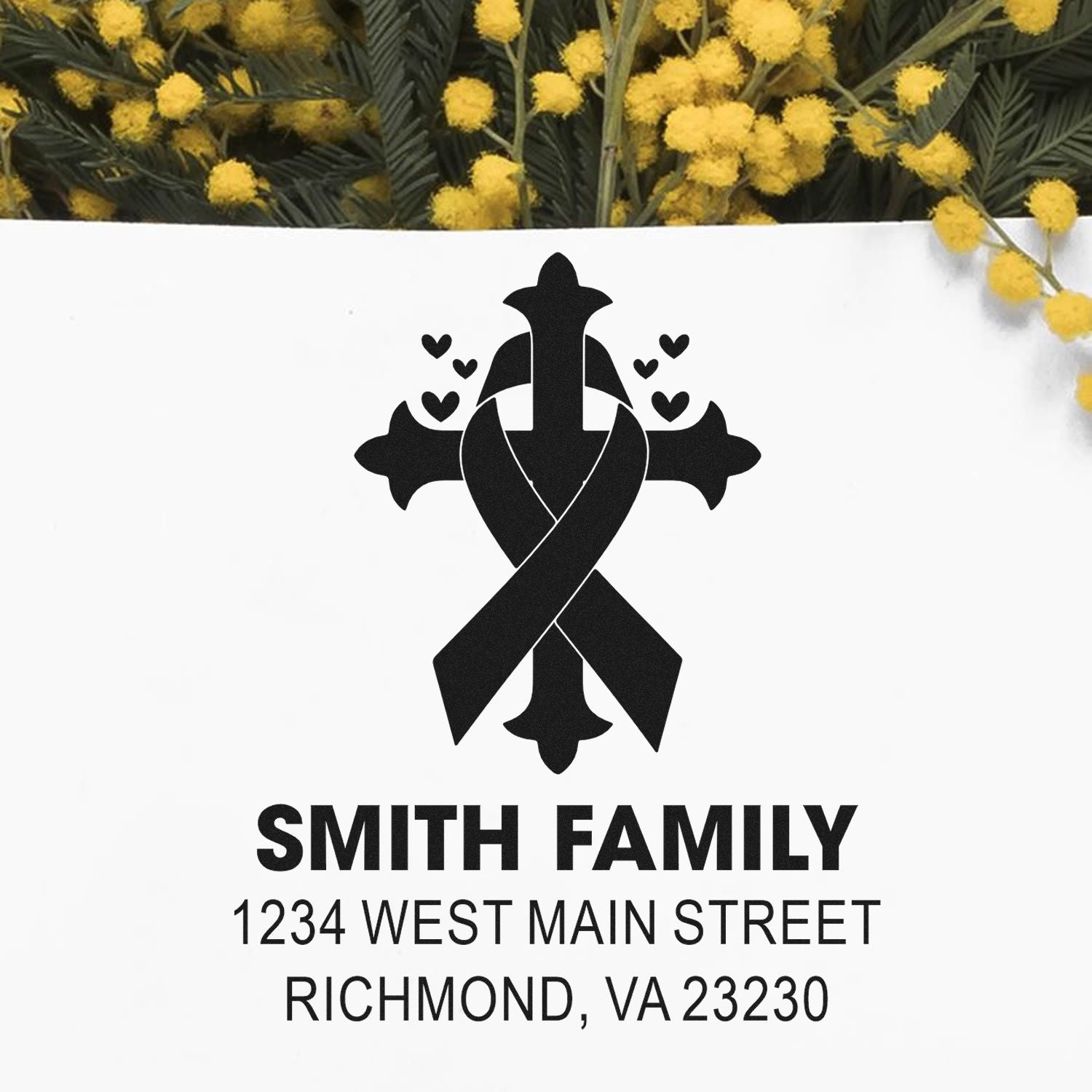 Custom Smith Family address rubber stamp with ribbon cross and hearts for personalized stationery, Richmond, VA.