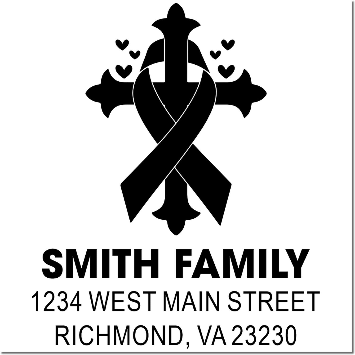 Custom family return address rubber stamp with cross and hearts, personalized for Smith Family in Richmond, VA.