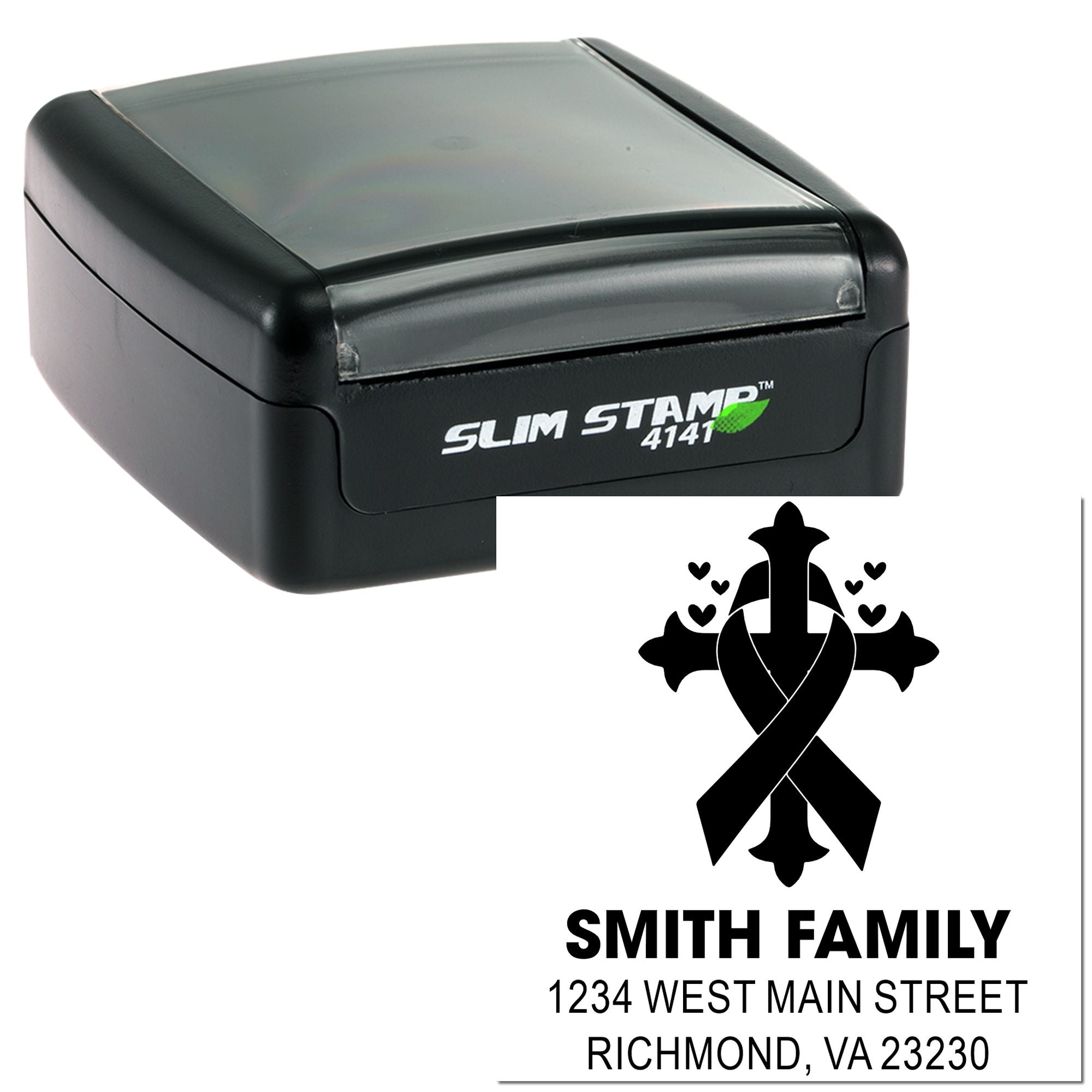 Custom self-inking rubber stamp with ribbon cross design and Smith Family return address, Richmond, VA 23230?