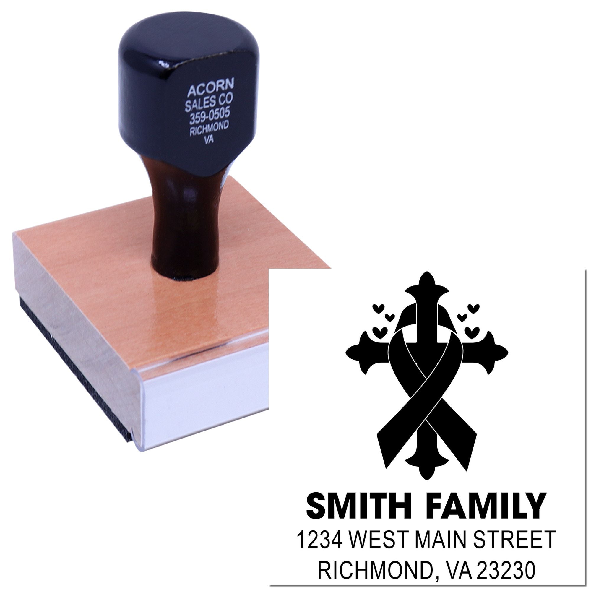 Personalized family address rubber stamp with decorative monogram for envelopes, wedding mailings, and return labels.