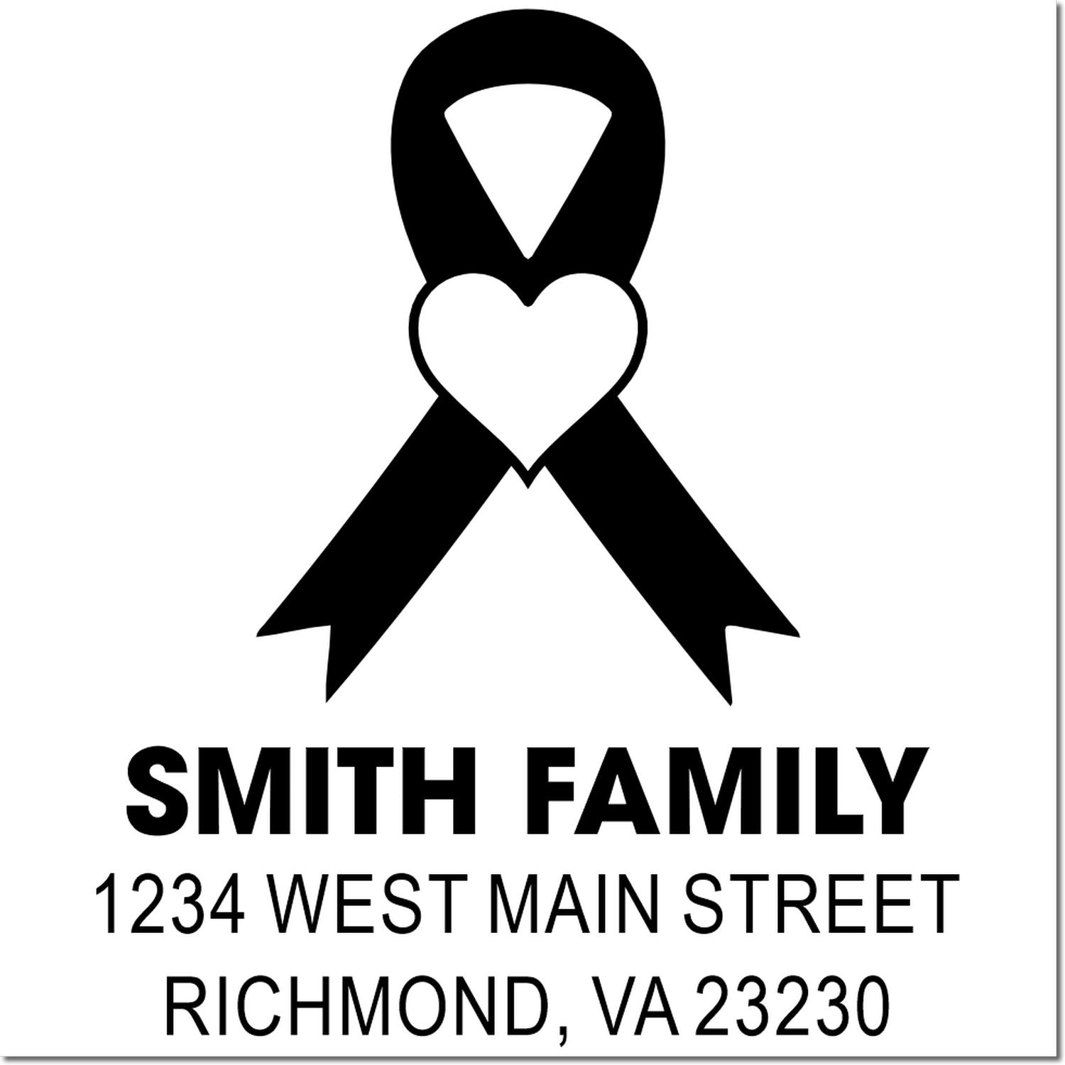 Personalized return address rubber stamp with heart awareness ribbon for Smith Family, Richmond, VA 23230.