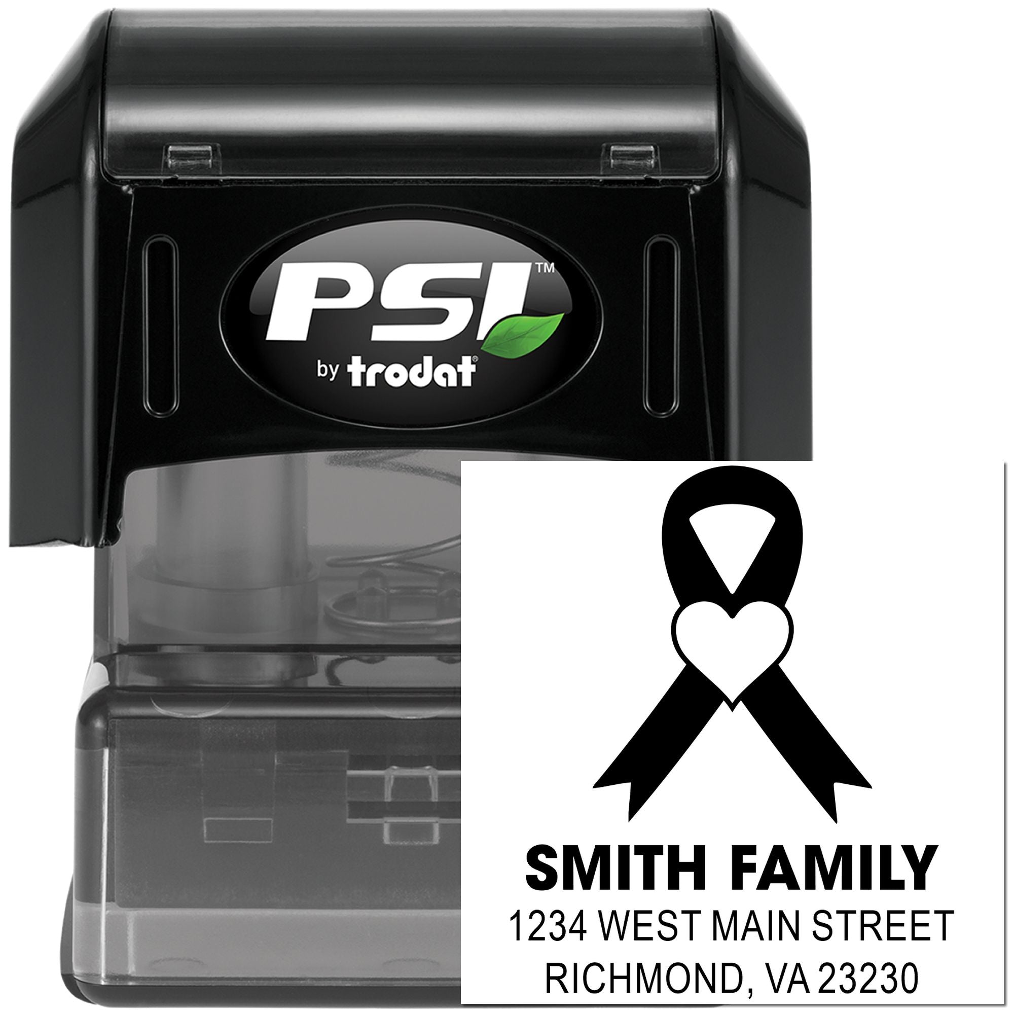 PSI by Trodat self-inking custom rubber stamp showing ribbon address design for Smith family mailing labels