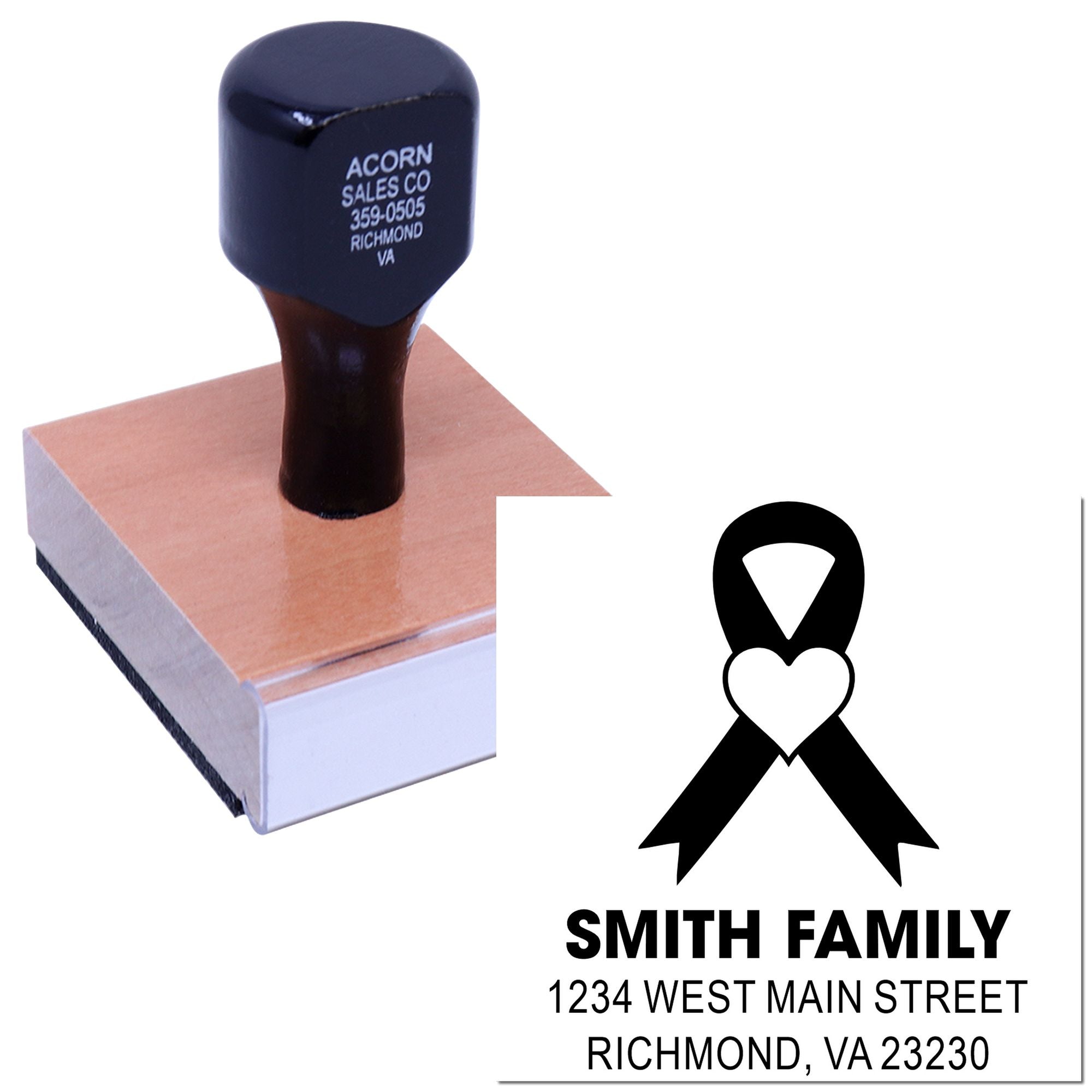Custom return address rubber stamp with breast cancer ribbon design for Smith Family, Richmond, VA.
