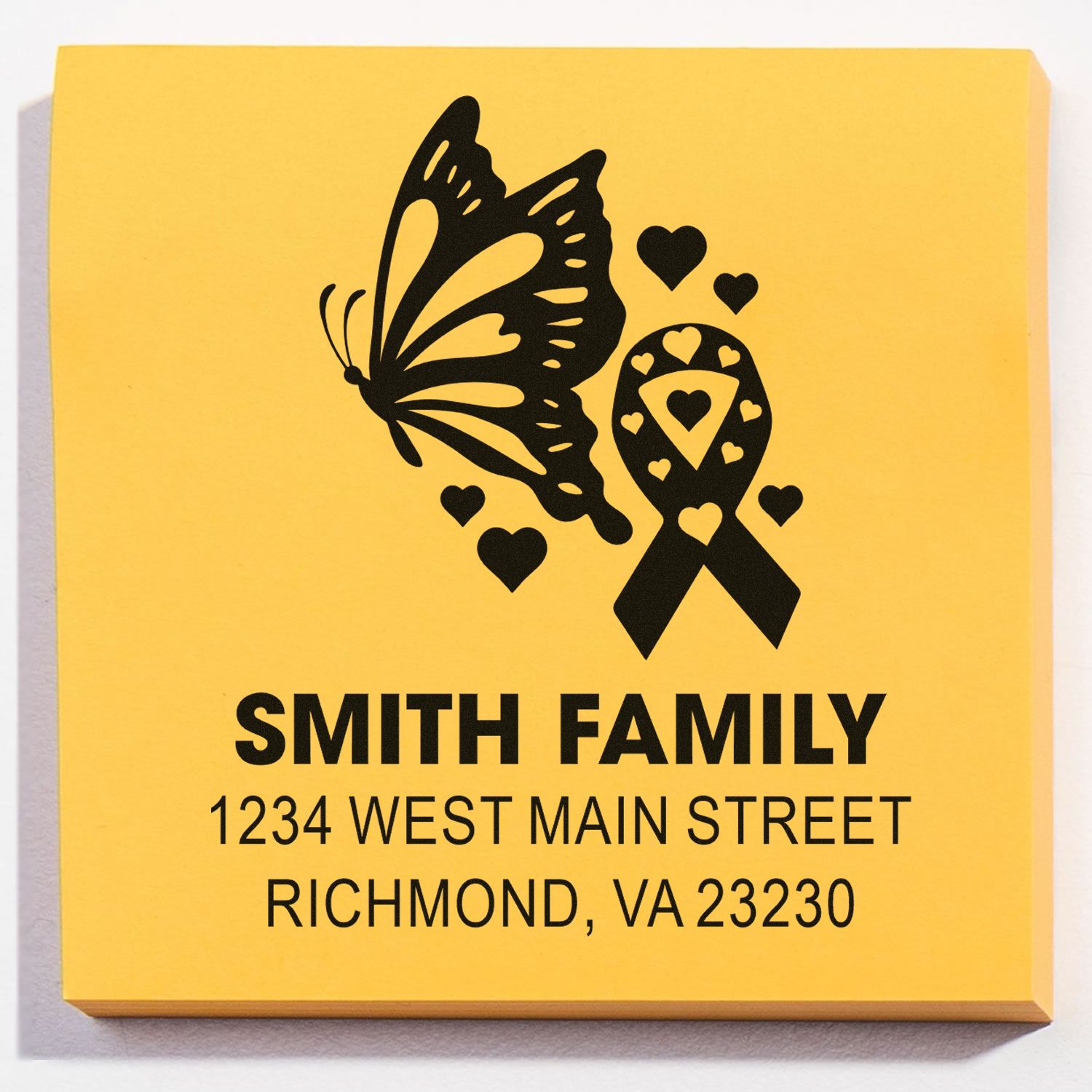 Personalized butterfly rubber stamp with awareness ribbon, family name, and address for custom return mailing labels.