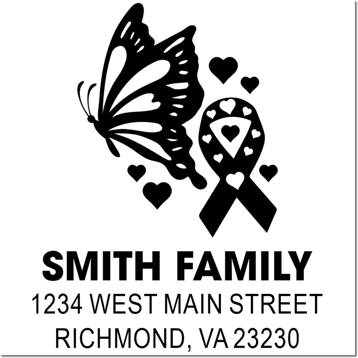 Personalized return address rubber stamp with butterfly, hearts, and memorial ribbon for Smith Family, Richmond VA 23230.